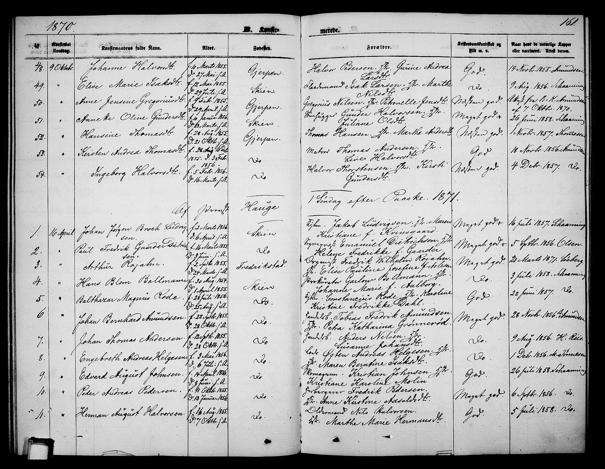 Skien kirkebøker, AV/SAKO-A-302/G/Ga/L0005: Klokkerbok nr. 5, 1868-1880, s. 161
