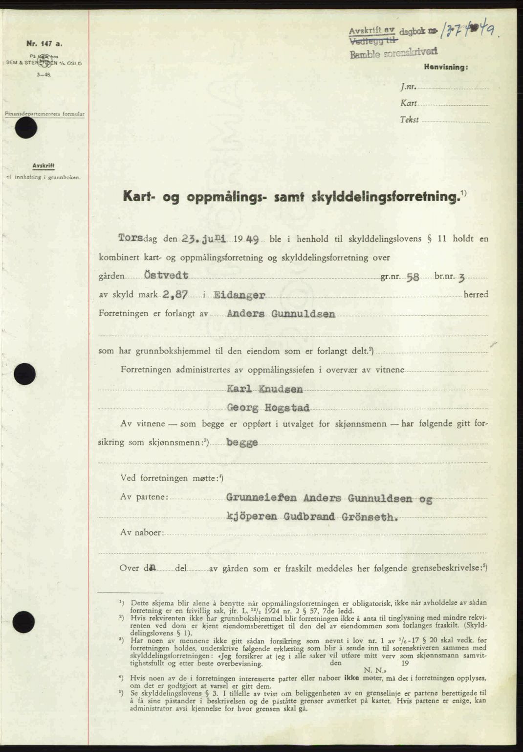 Bamble sorenskriveri, SAKO/A-214/G/Ga/Gag/L0015: Pantebok nr. A-15, 1949-1949, Dagboknr: 1374/1949