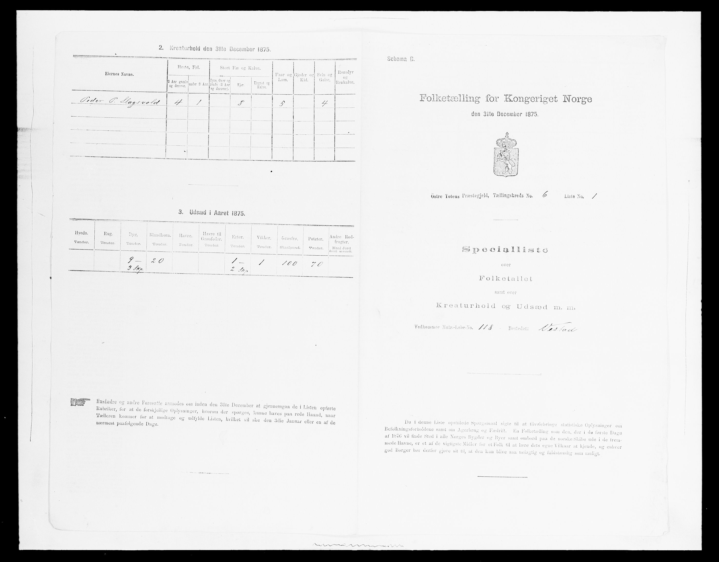 SAH, Folketelling 1875 for 0528P Østre Toten prestegjeld, 1875, s. 1142