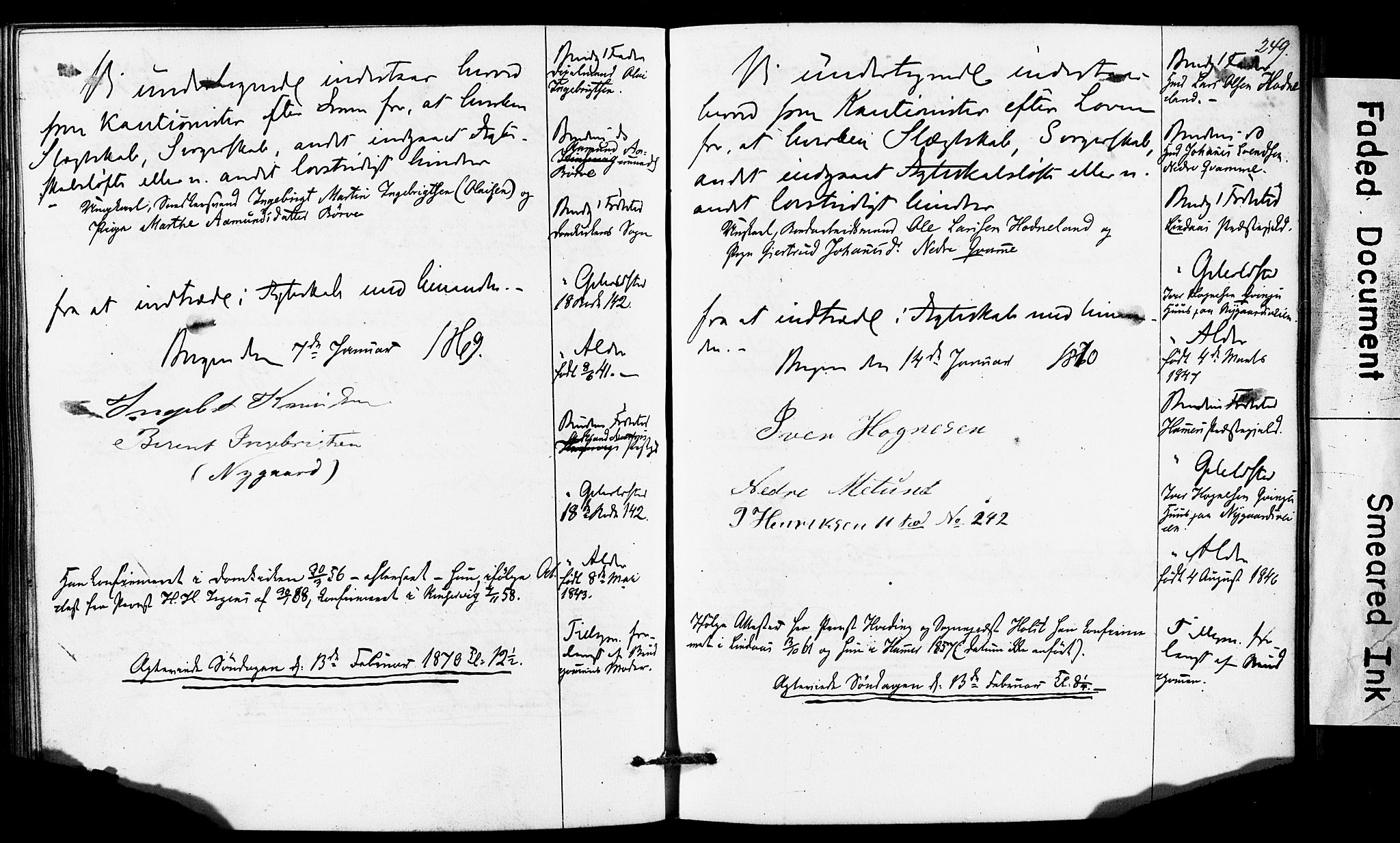 Domkirken sokneprestembete, SAB/A-74801: Forlovererklæringer nr. II.5.6, 1863-1870, s. 249