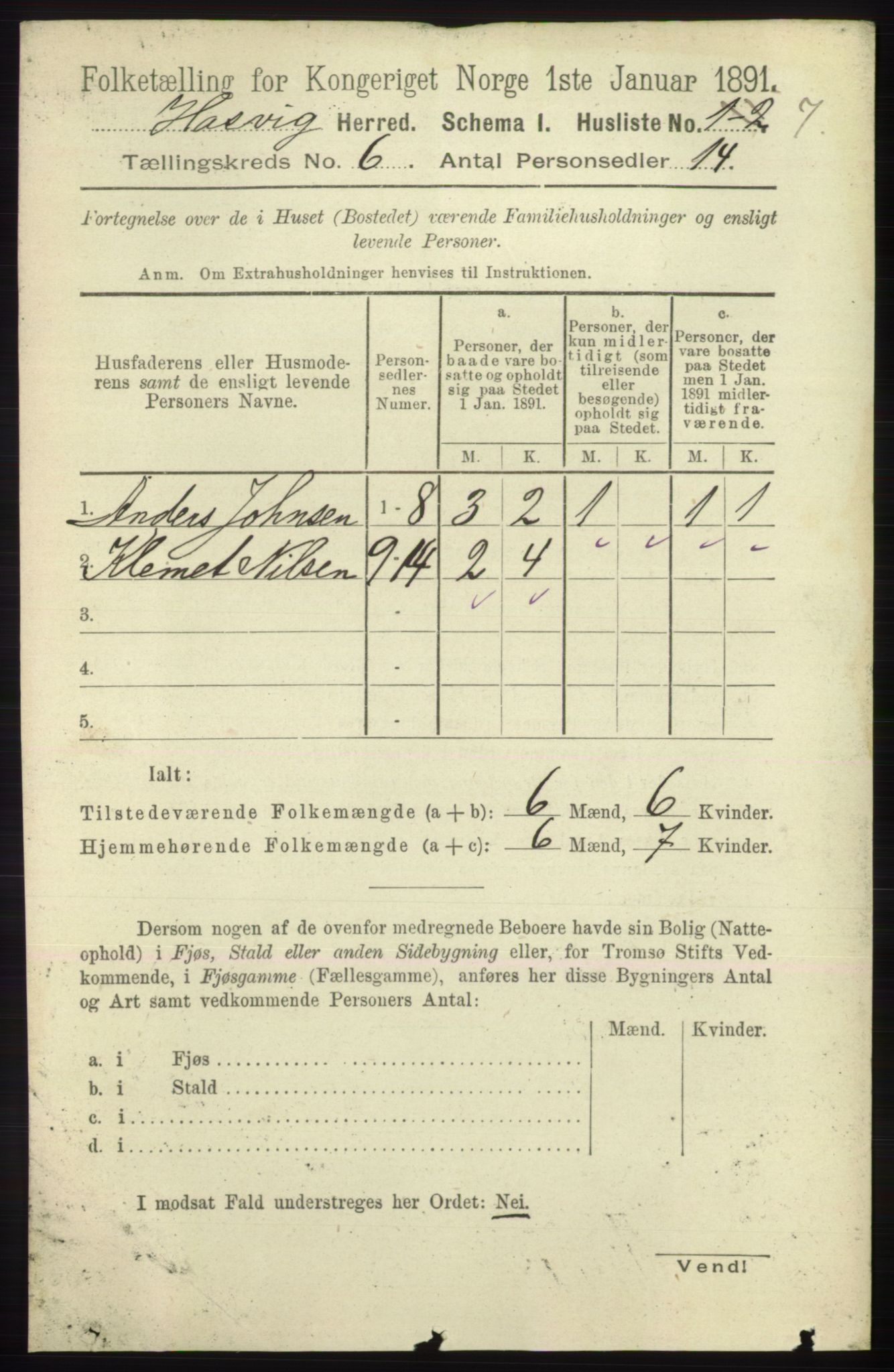 RA, Folketelling 1891 for 2015 Hasvik herred, 1891, s. 861