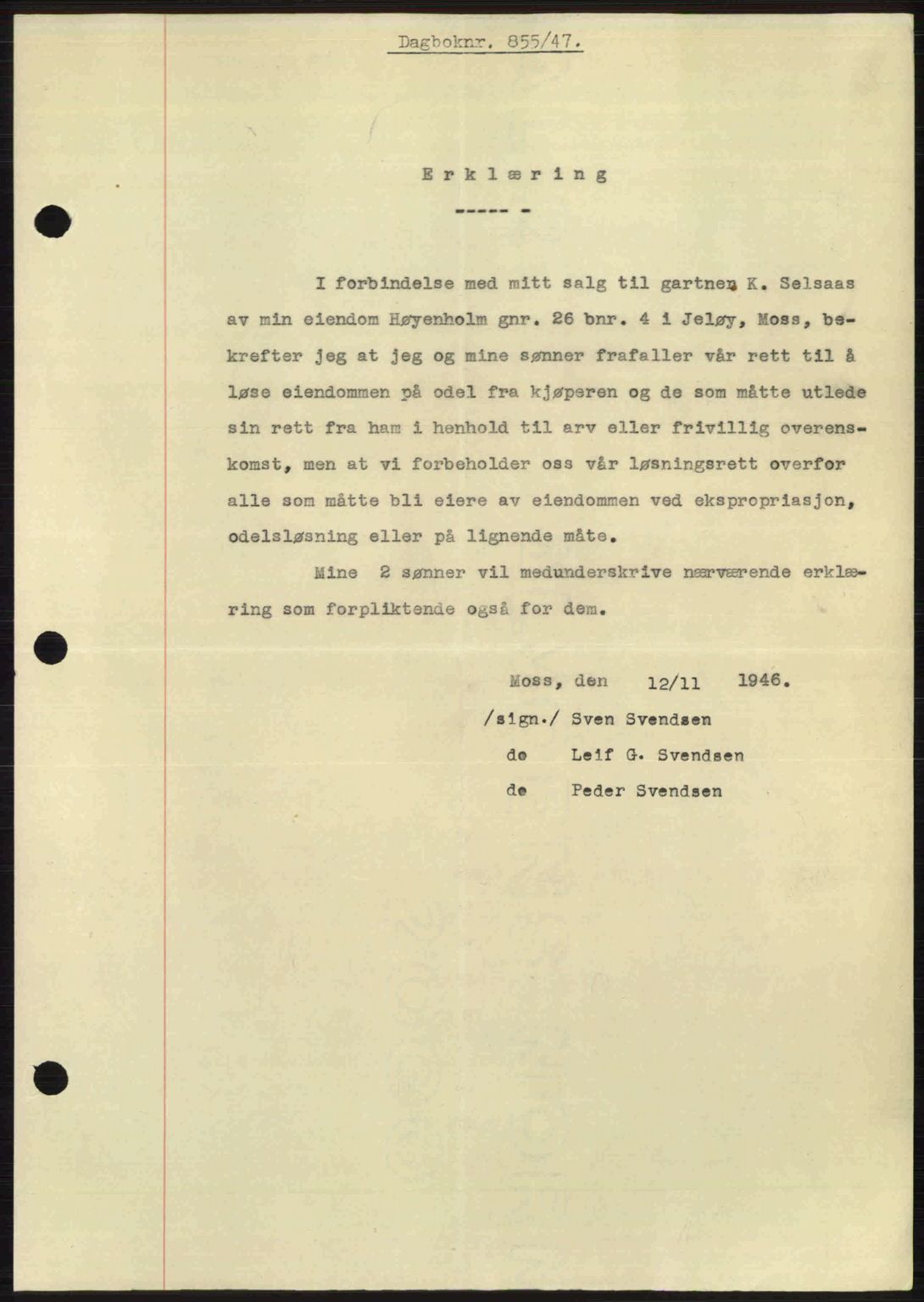 Moss sorenskriveri, SAO/A-10168: Pantebok nr. A17, 1947-1947, Dagboknr: 855/1947