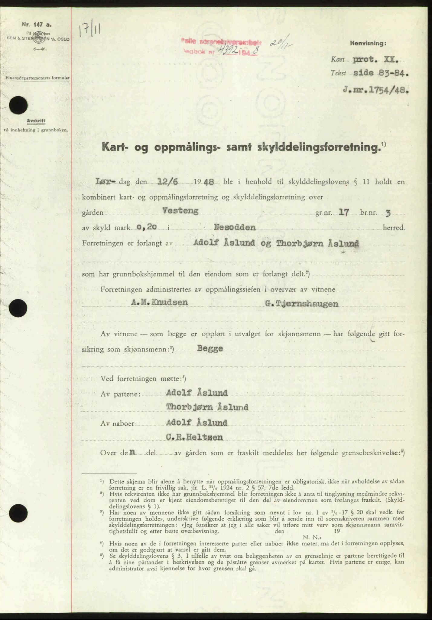 Follo sorenskriveri, SAO/A-10274/G/Ga/Gaa/L0085: Pantebok nr. I 85, 1948-1948, Dagboknr: 4392/1948
