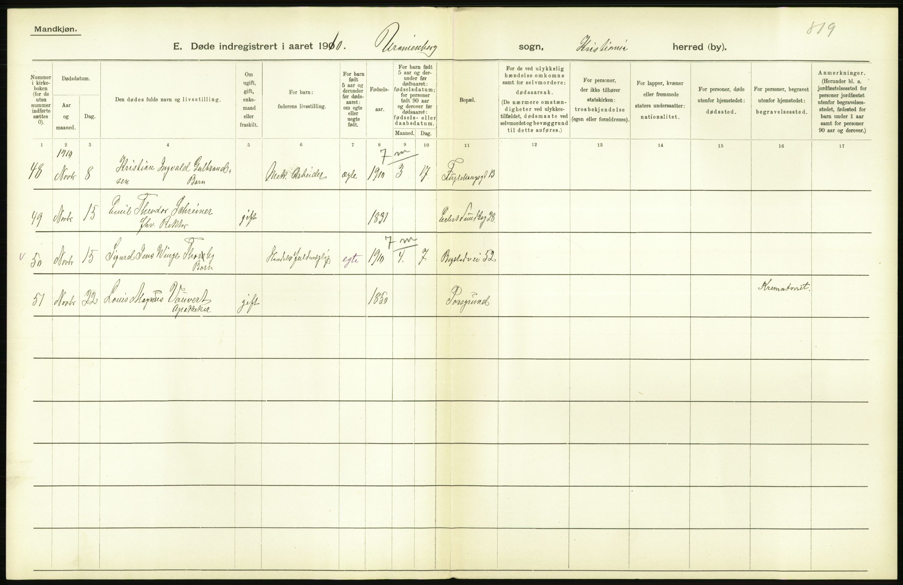 Statistisk sentralbyrå, Sosiodemografiske emner, Befolkning, RA/S-2228/D/Df/Dfa/Dfah/L0008: Kristiania: Døde, 1910, s. 842