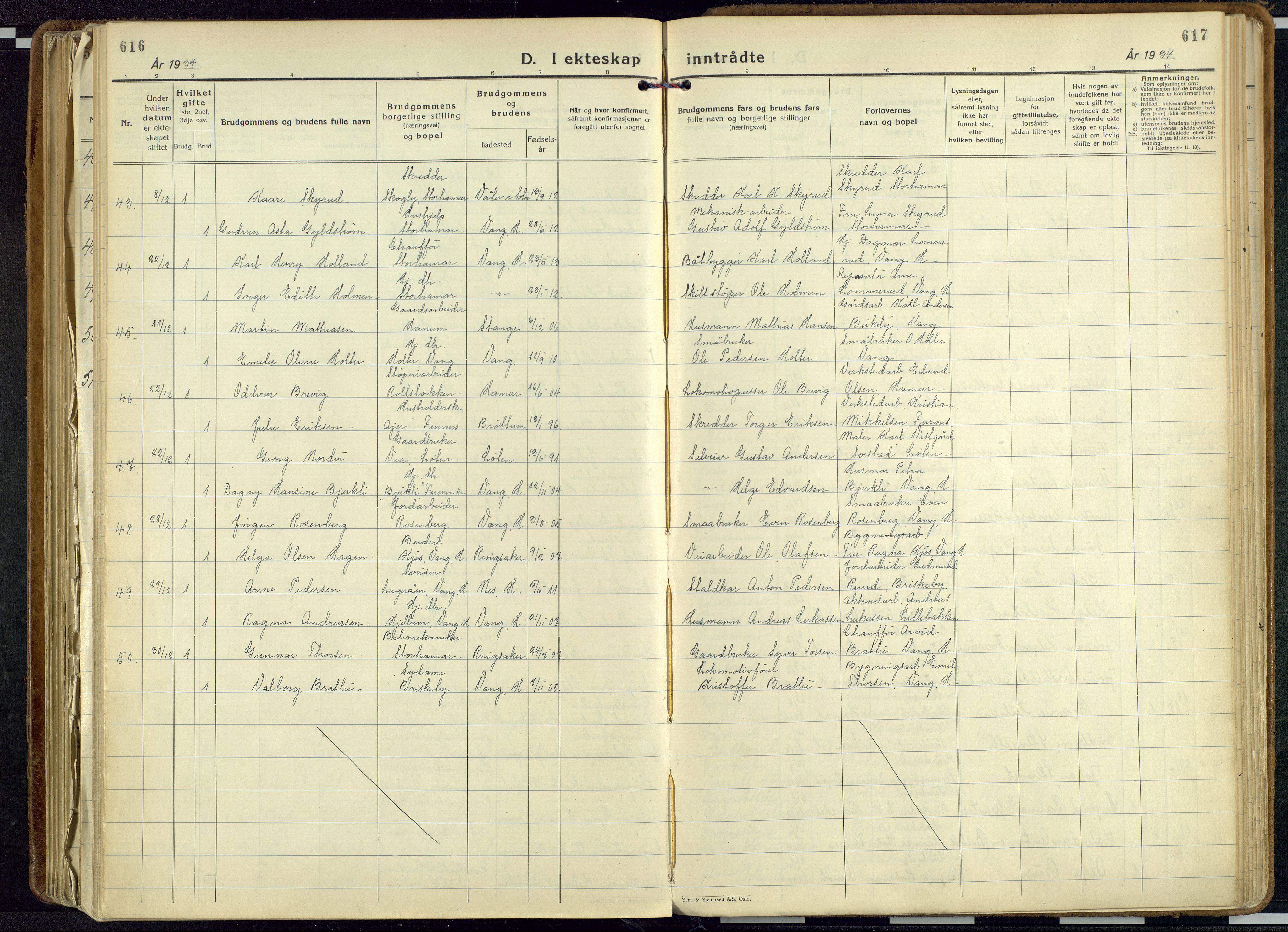 Vang prestekontor, Hedmark, AV/SAH-PREST-008/H/Ha/Haa/L0023: Ministerialbok nr. 23, 1932-1957, s. 616-617