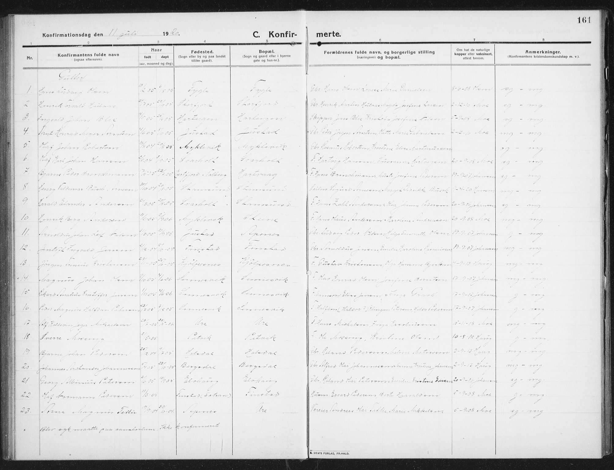 Ministerialprotokoller, klokkerbøker og fødselsregistre - Nordland, AV/SAT-A-1459/882/L1183: Klokkerbok nr. 882C01, 1911-1938, s. 161