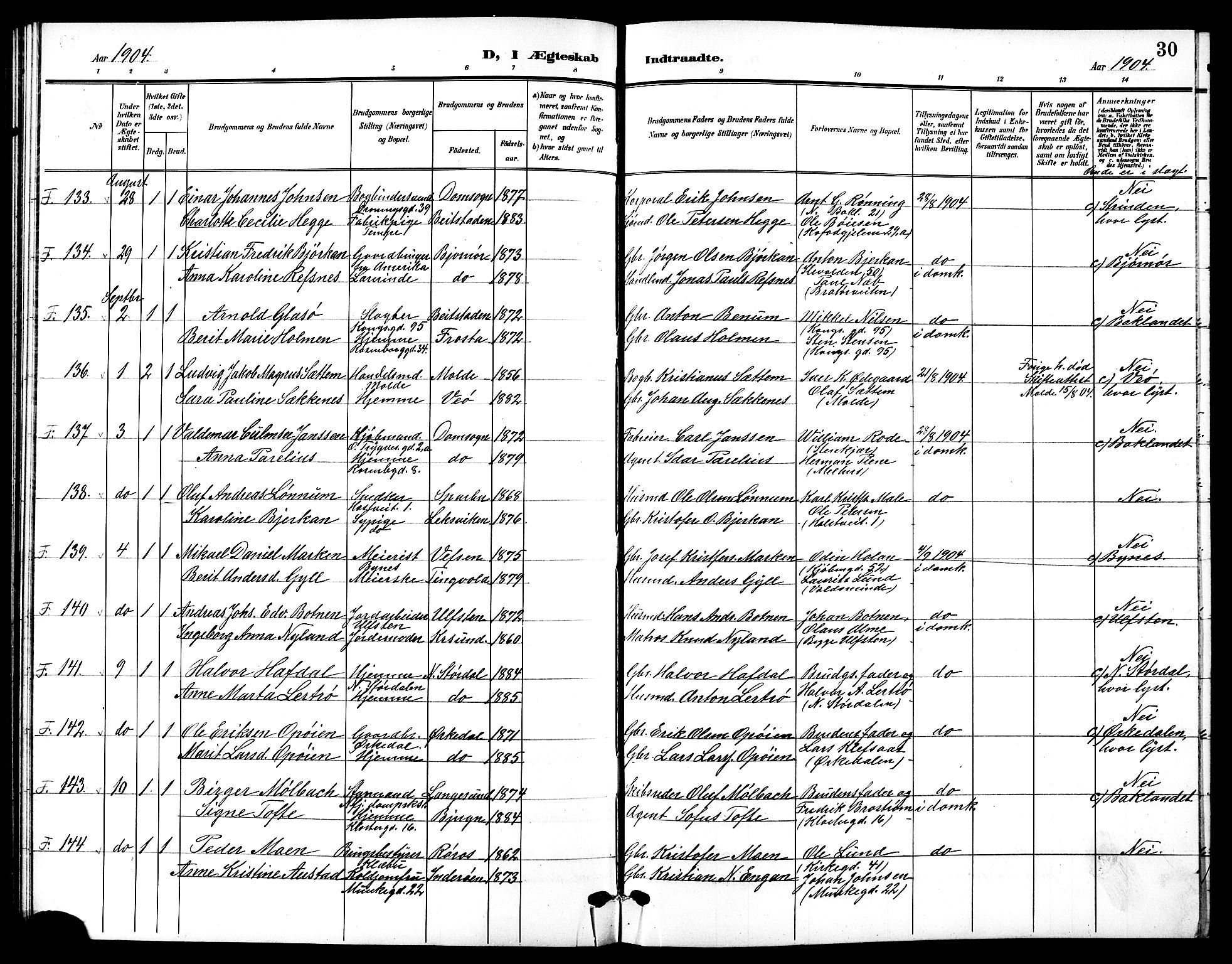 Ministerialprotokoller, klokkerbøker og fødselsregistre - Sør-Trøndelag, SAT/A-1456/601/L0095: Klokkerbok nr. 601C13, 1902-1911, s. 30
