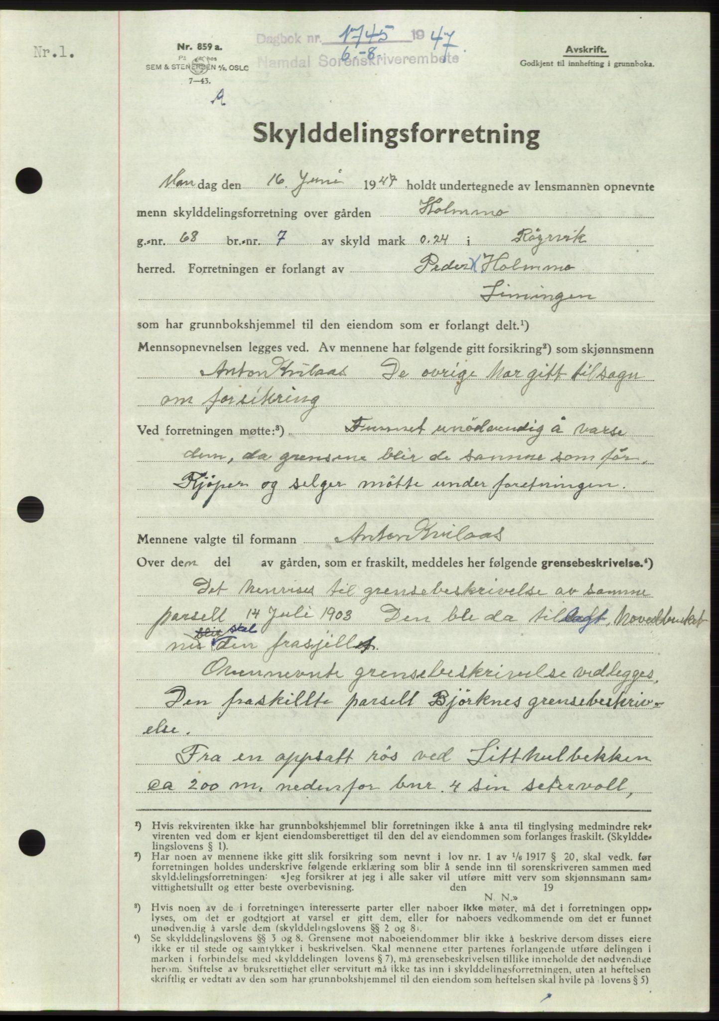 Namdal sorenskriveri, SAT/A-4133/1/2/2C: Pantebok nr. -, 1947-1947, Dagboknr: 1745/1947