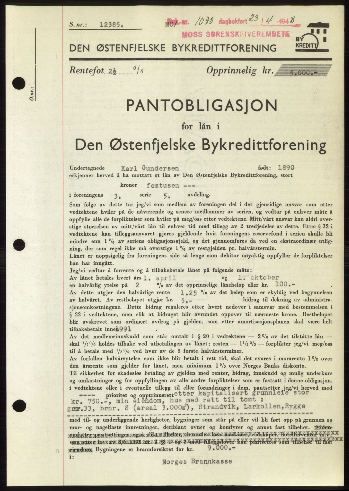 Moss sorenskriveri, SAO/A-10168: Pantebok nr. B19, 1948-1948, Dagboknr: 1070/1948