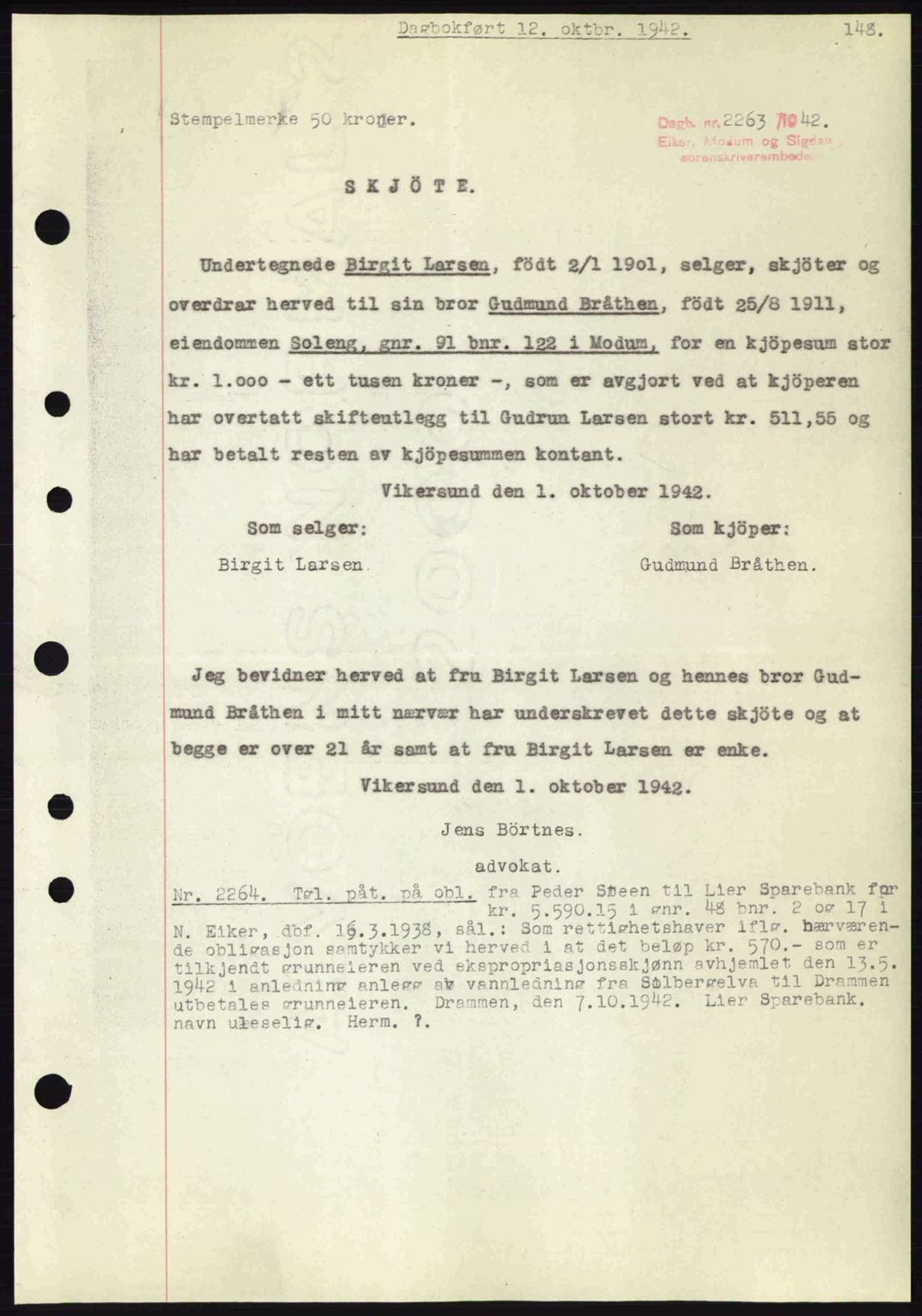Eiker, Modum og Sigdal sorenskriveri, SAKO/A-123/G/Ga/Gab/L0047: Pantebok nr. A17, 1942-1943, Dagboknr: 2263/1942