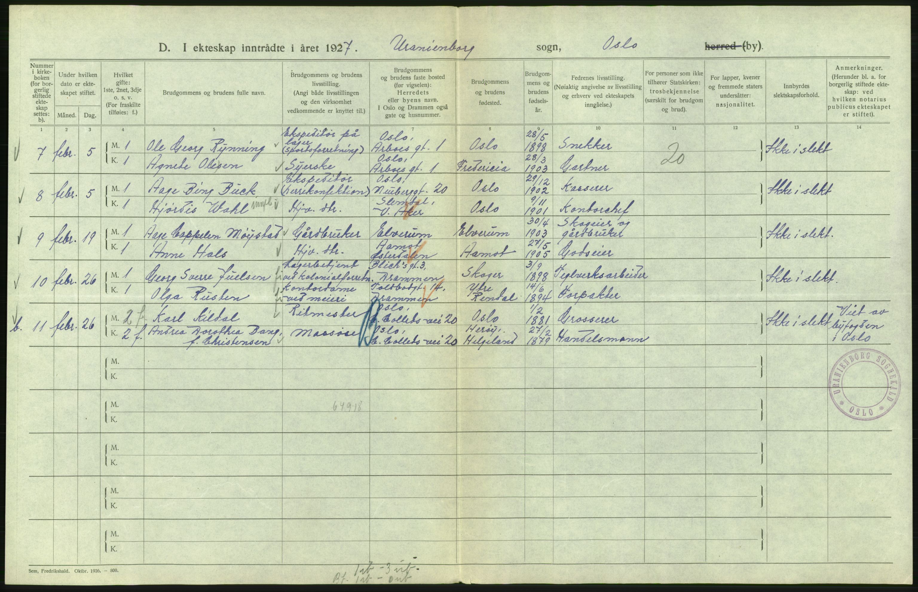 Statistisk sentralbyrå, Sosiodemografiske emner, Befolkning, AV/RA-S-2228/D/Df/Dfc/Dfcg/L0008: Oslo: Gifte, 1927, s. 204