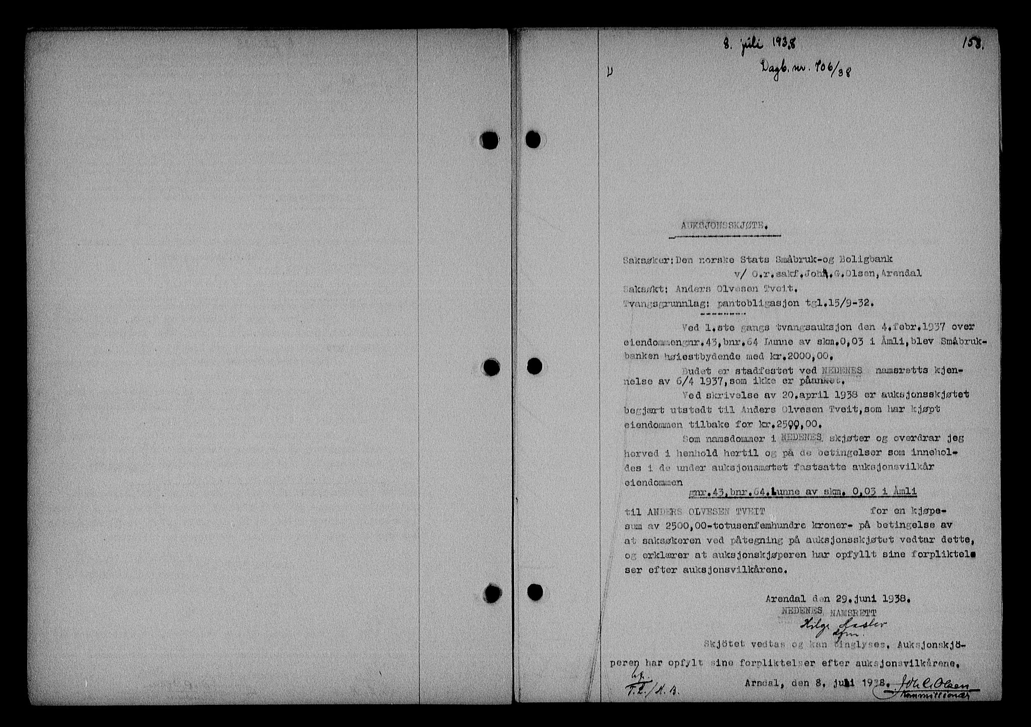 Nedenes sorenskriveri, SAK/1221-0006/G/Gb/Gba/L0045: Pantebok nr. 41, 1938-1938, Dagboknr: 706/1938