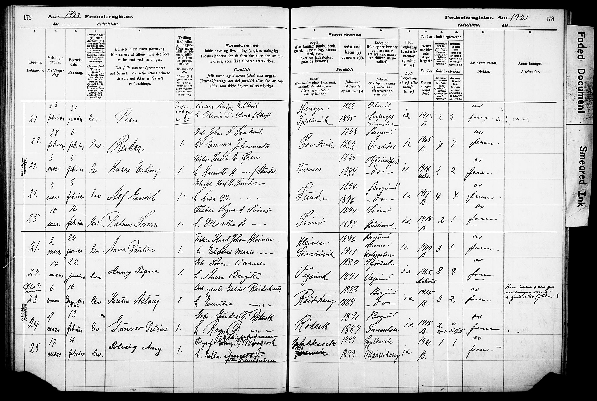 Ministerialprotokoller, klokkerbøker og fødselsregistre - Møre og Romsdal, SAT/A-1454/528/L0442: Fødselsregister nr. 528.II.4.1, 1916-1924, s. 178