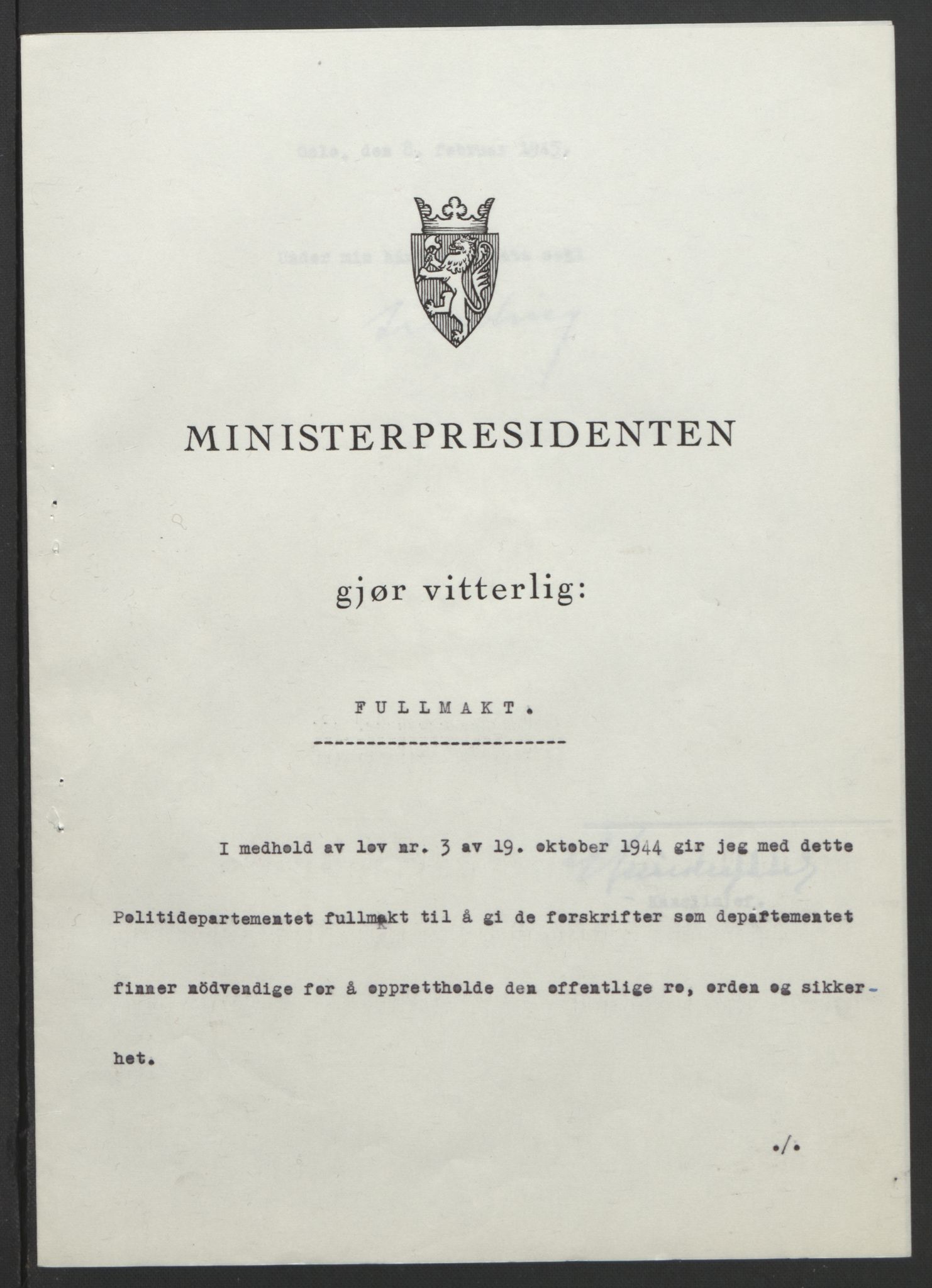 NS-administrasjonen 1940-1945 (Statsrådsekretariatet, de kommisariske statsråder mm), RA/S-4279/D/Db/L0101/0001: -- / Lover og vedtak, 1945, s. 190