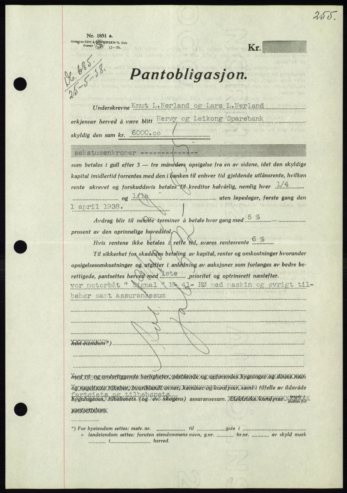 Søre Sunnmøre sorenskriveri, AV/SAT-A-4122/1/2/2C/L0065: Pantebok nr. 59, 1938-1938, Dagboknr: 685/1938