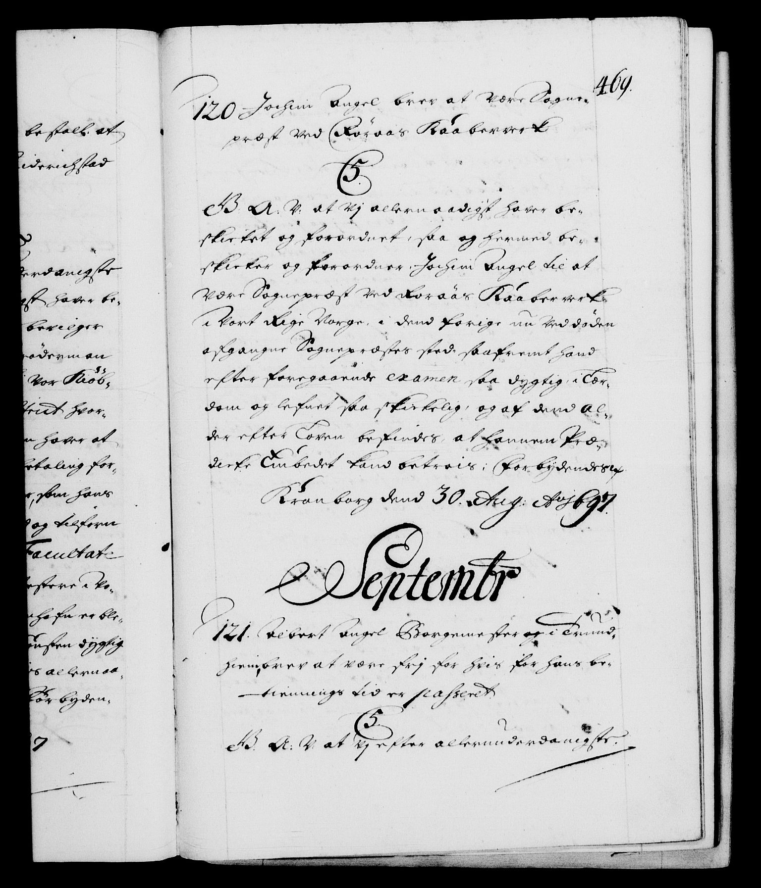 Danske Kanselli 1572-1799, RA/EA-3023/F/Fc/Fca/Fcaa/L0016: Norske registre (mikrofilm), 1692-1697, s. 469a