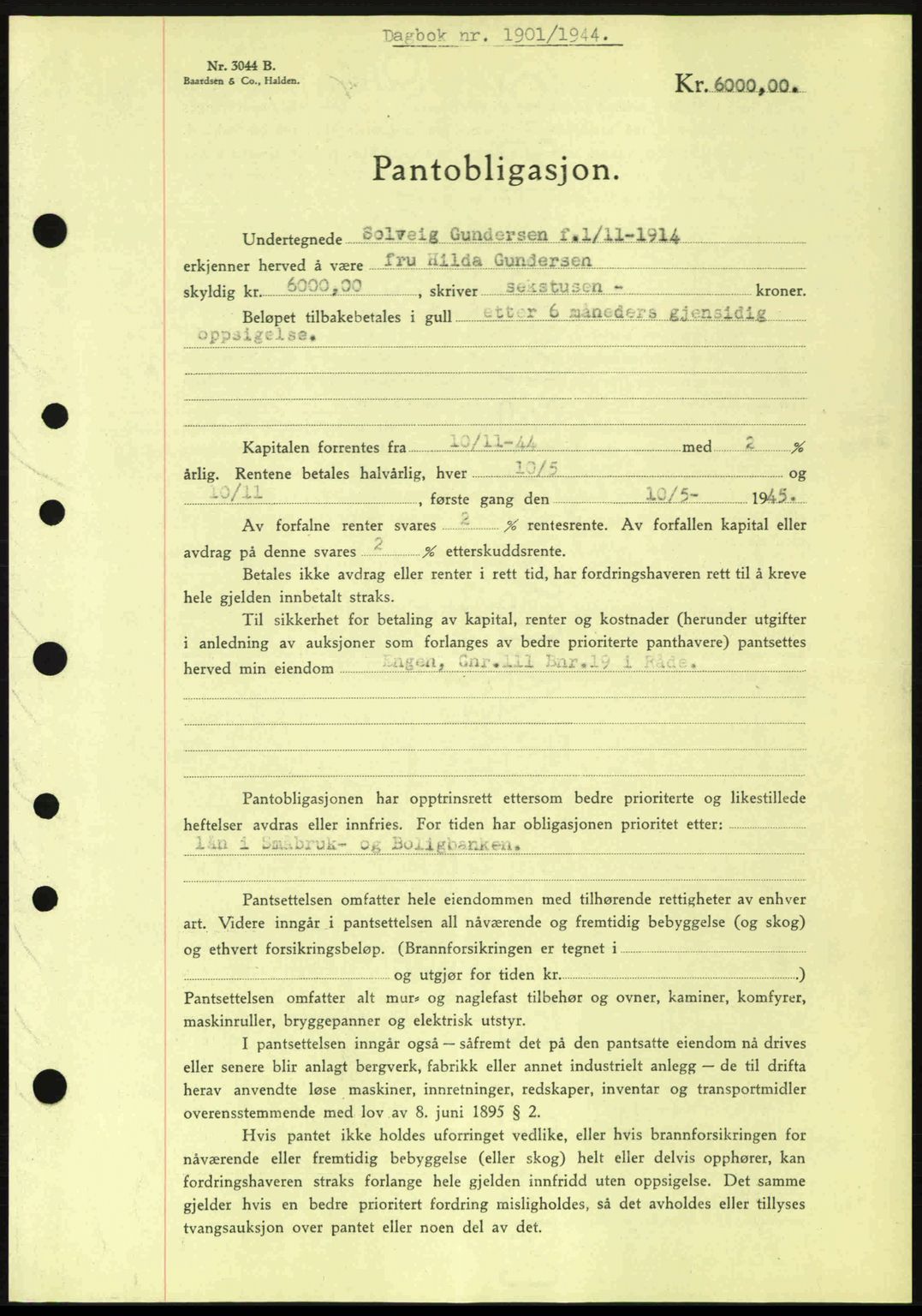 Moss sorenskriveri, SAO/A-10168: Pantebok nr. B13, 1943-1945, Dagboknr: 1901/1944