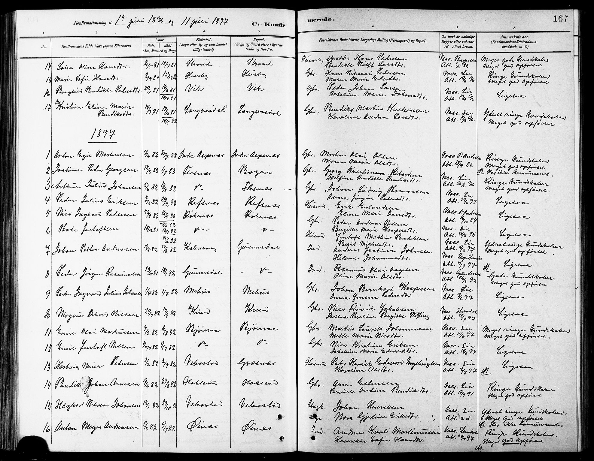 Kvæfjord sokneprestkontor, AV/SATØ-S-1323/G/Ga/Gab/L0005klokker: Klokkerbok nr. 5, 1886-1911, s. 167