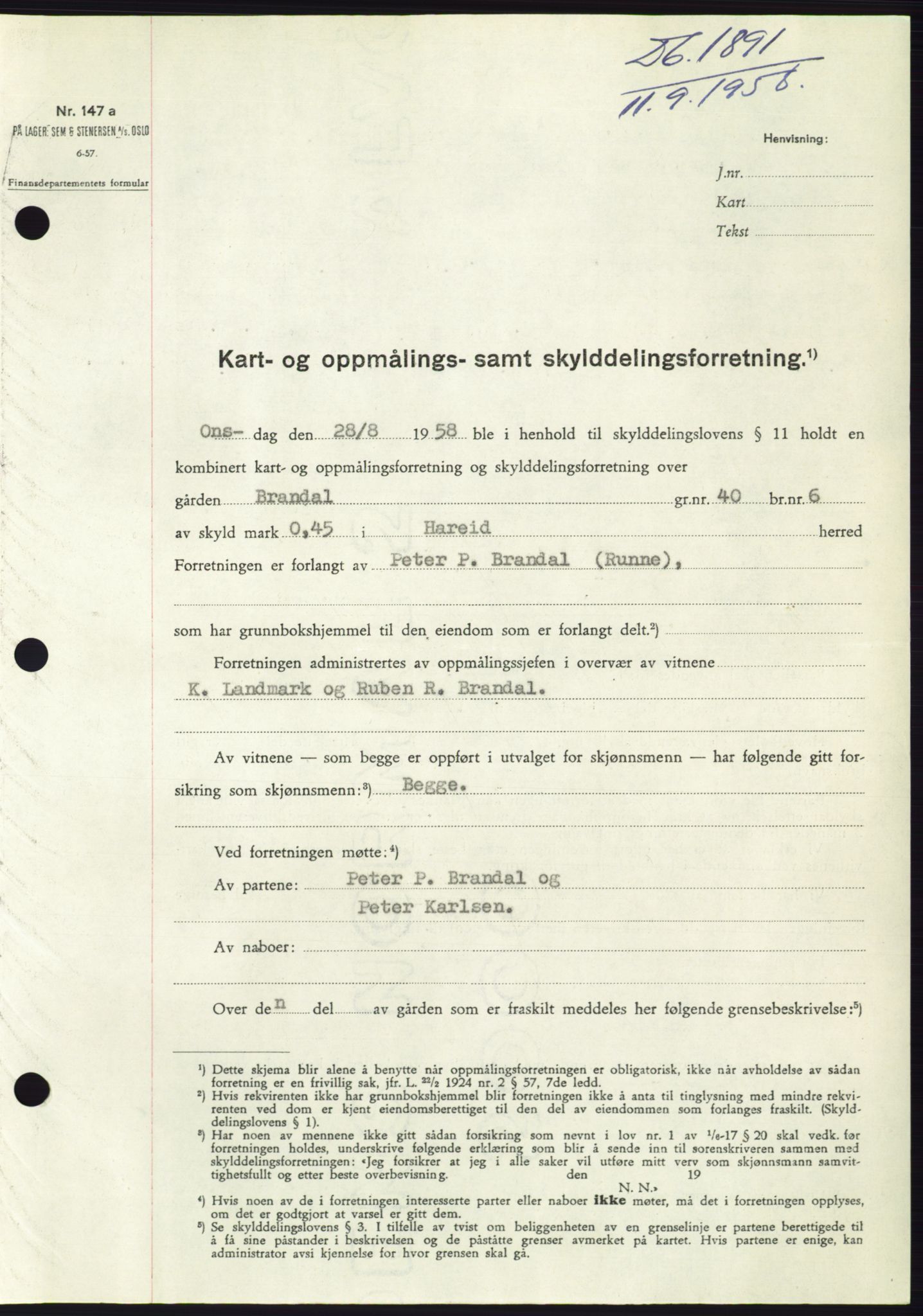 Søre Sunnmøre sorenskriveri, AV/SAT-A-4122/1/2/2C/L0110: Pantebok nr. 36A, 1958-1958, Dagboknr: 1891/1958