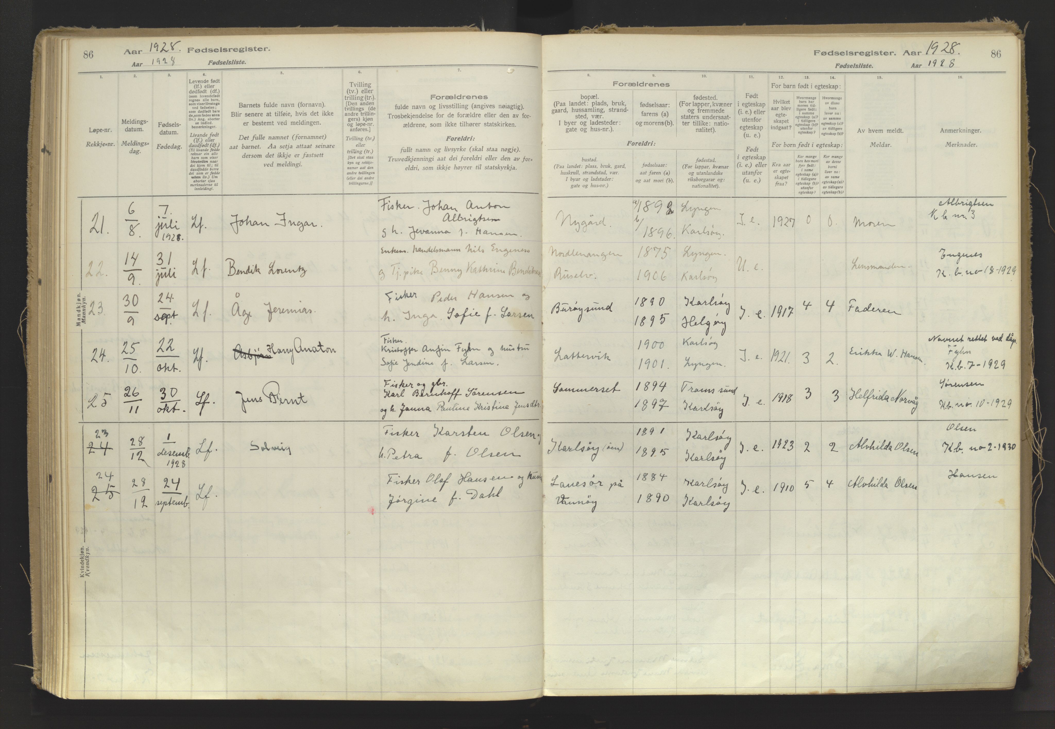 Karlsøy sokneprestembete, AV/SATØ-S-1299/I/Ic/L0064: Fødselsregister nr. 64, 1916-1943, s. 86