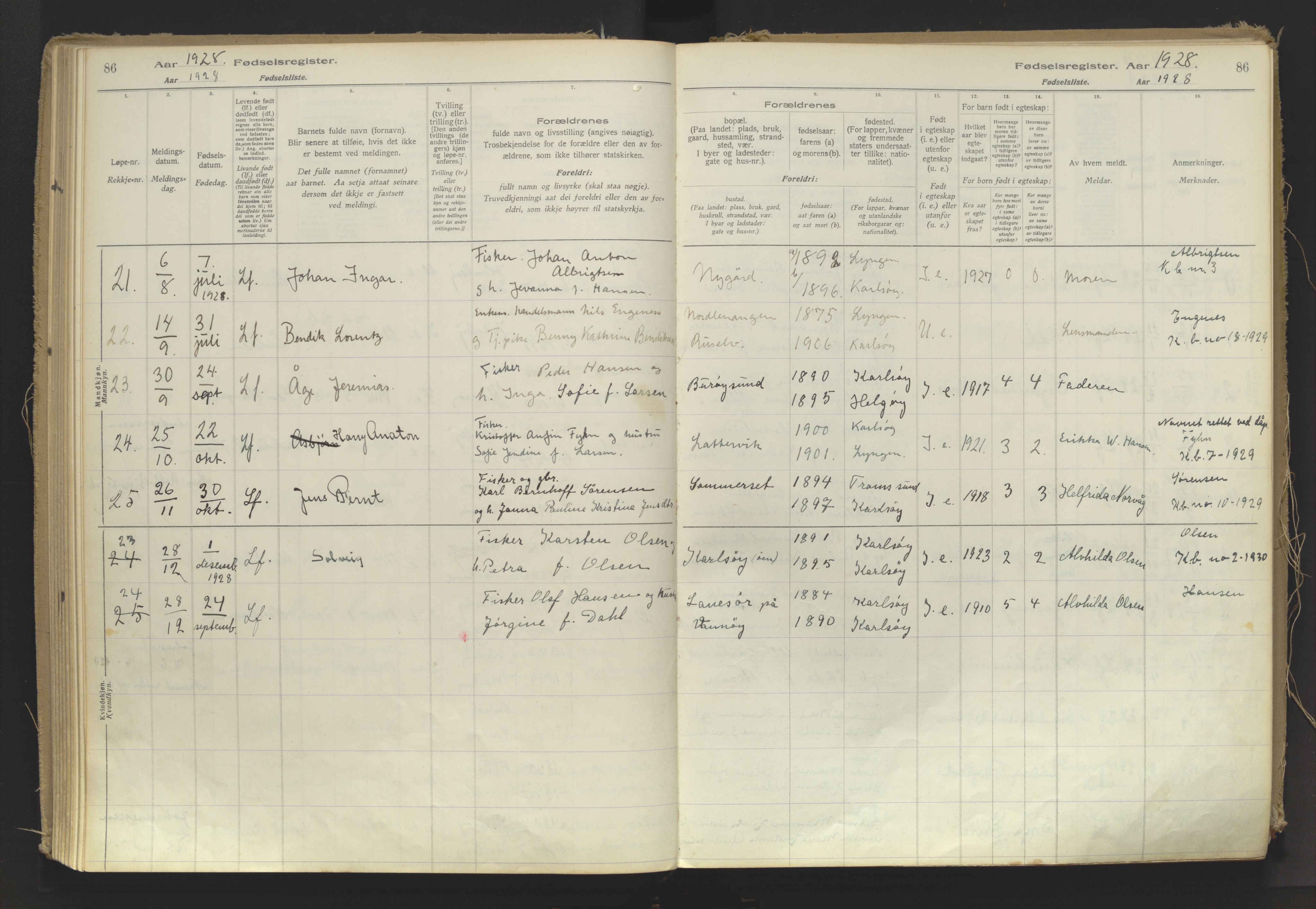 Karlsøy sokneprestembete, SATØ/S-1299/I/Ic/L0064: Fødselsregister nr. 64, 1916-1943, s. 86