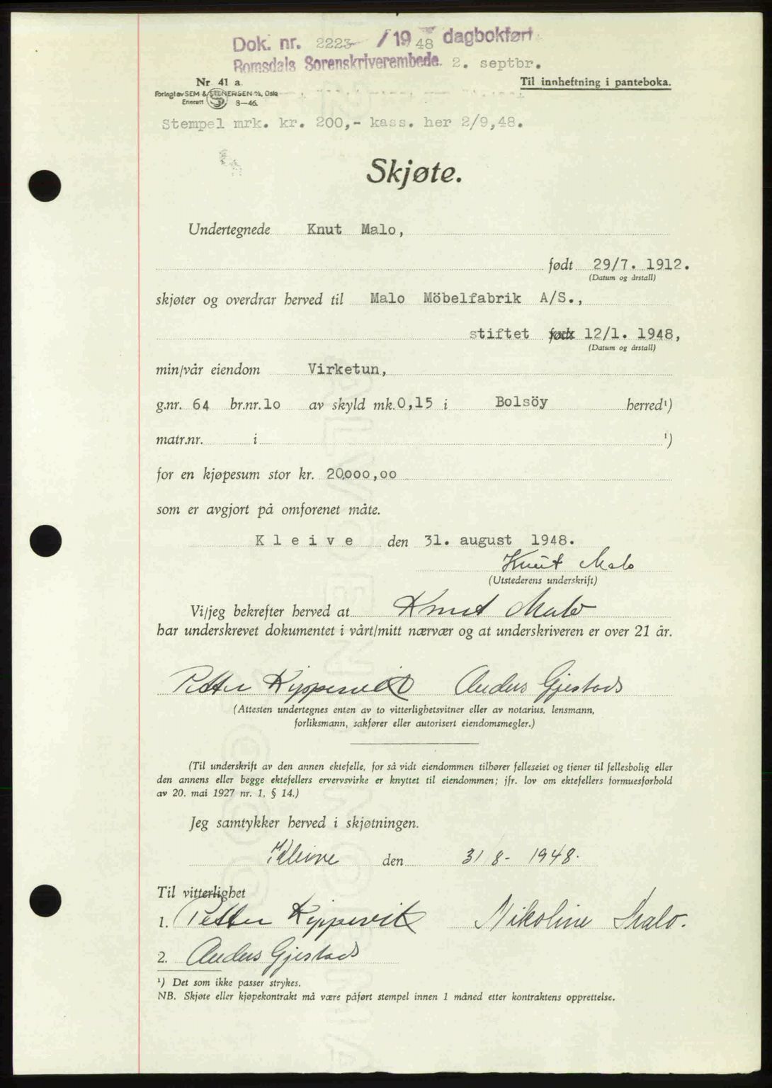 Romsdal sorenskriveri, AV/SAT-A-4149/1/2/2C: Pantebok nr. A27, 1948-1948, Dagboknr: 2223/1948