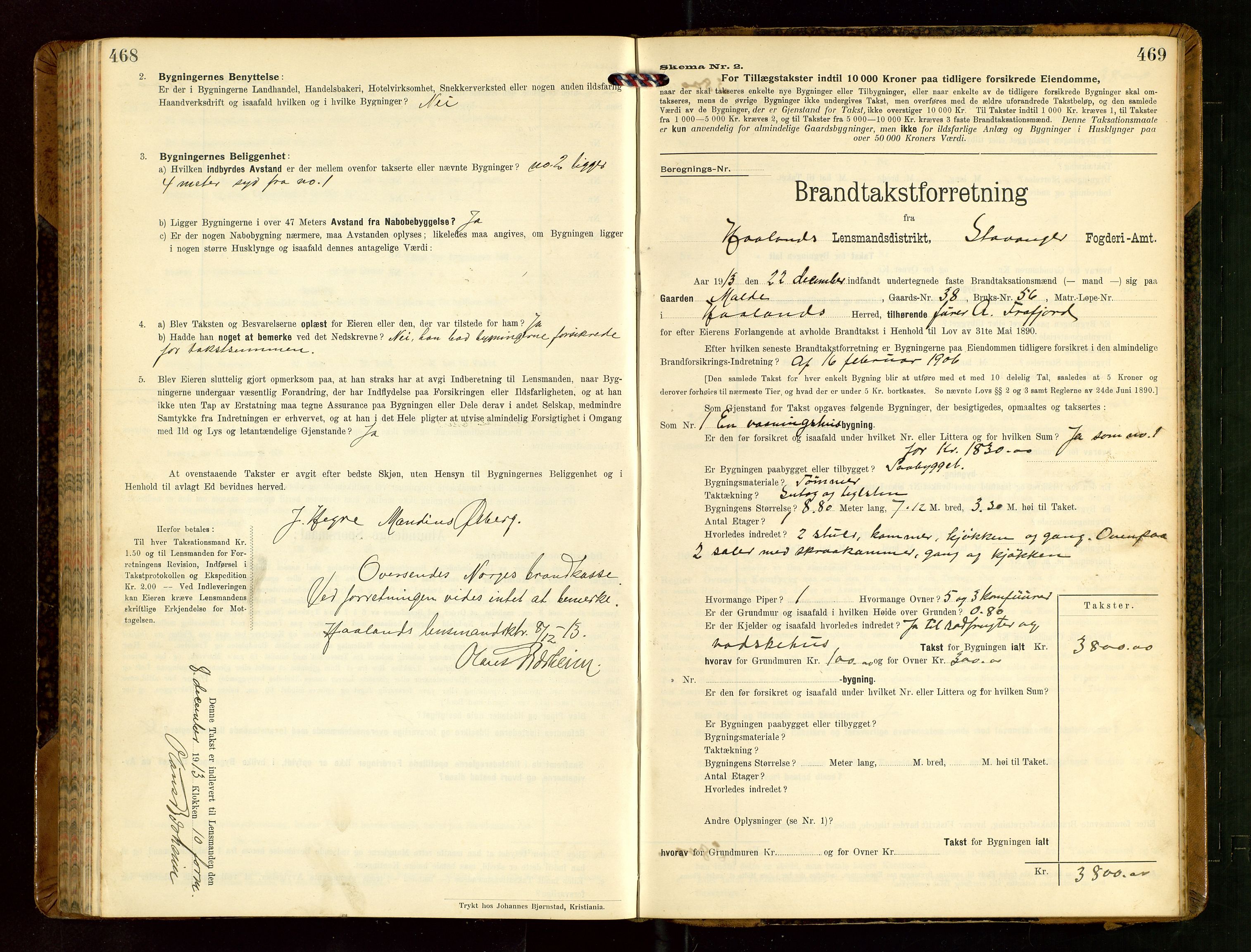 Håland lensmannskontor, AV/SAST-A-100100/Gob/L0004: Branntakstprotokoll - skjematakst. Register i boken., 1913-1915, s. 468-469