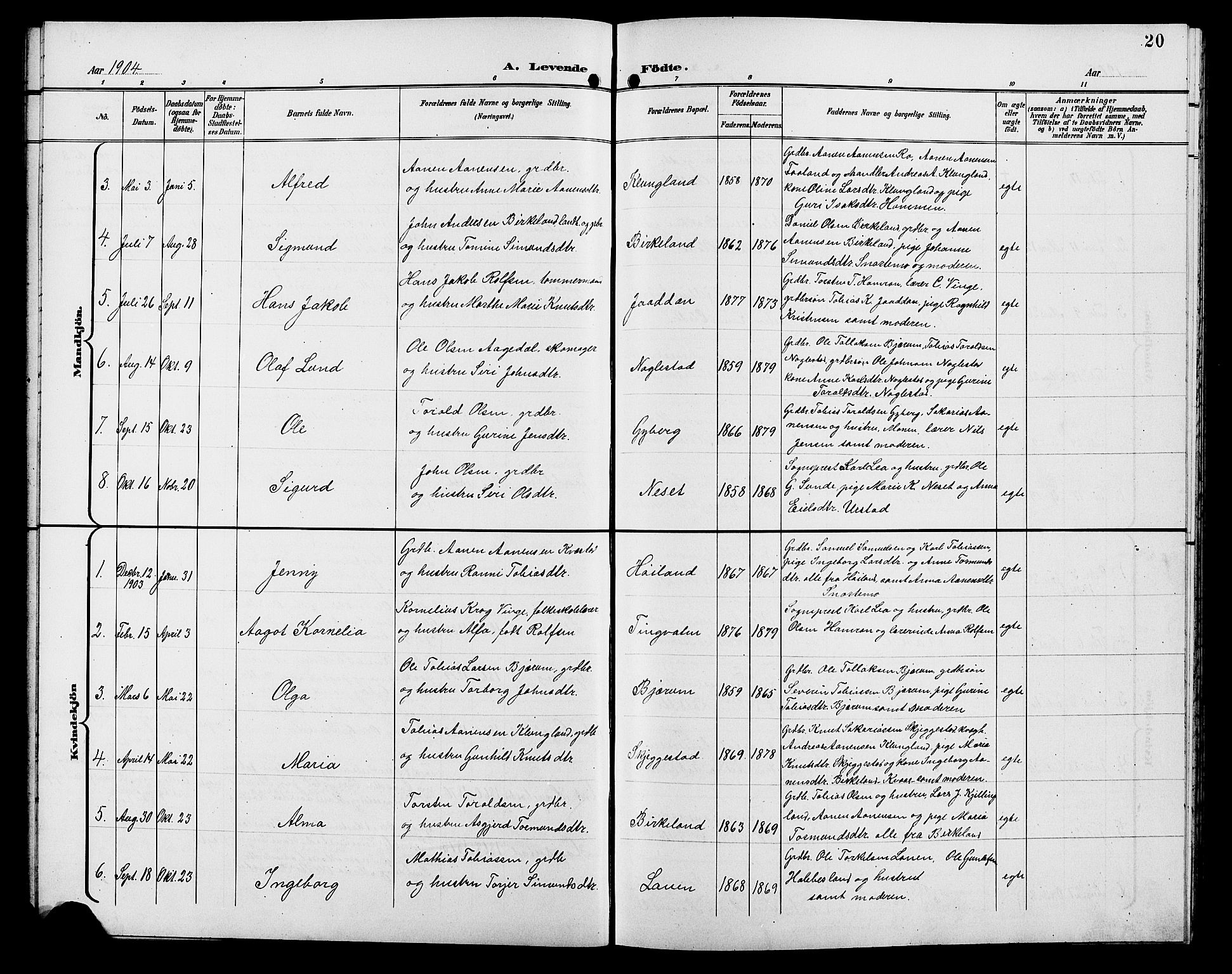 Hægebostad sokneprestkontor, AV/SAK-1111-0024/F/Fb/Fba/L0004: Klokkerbok nr. B 4, 1897-1907, s. 20