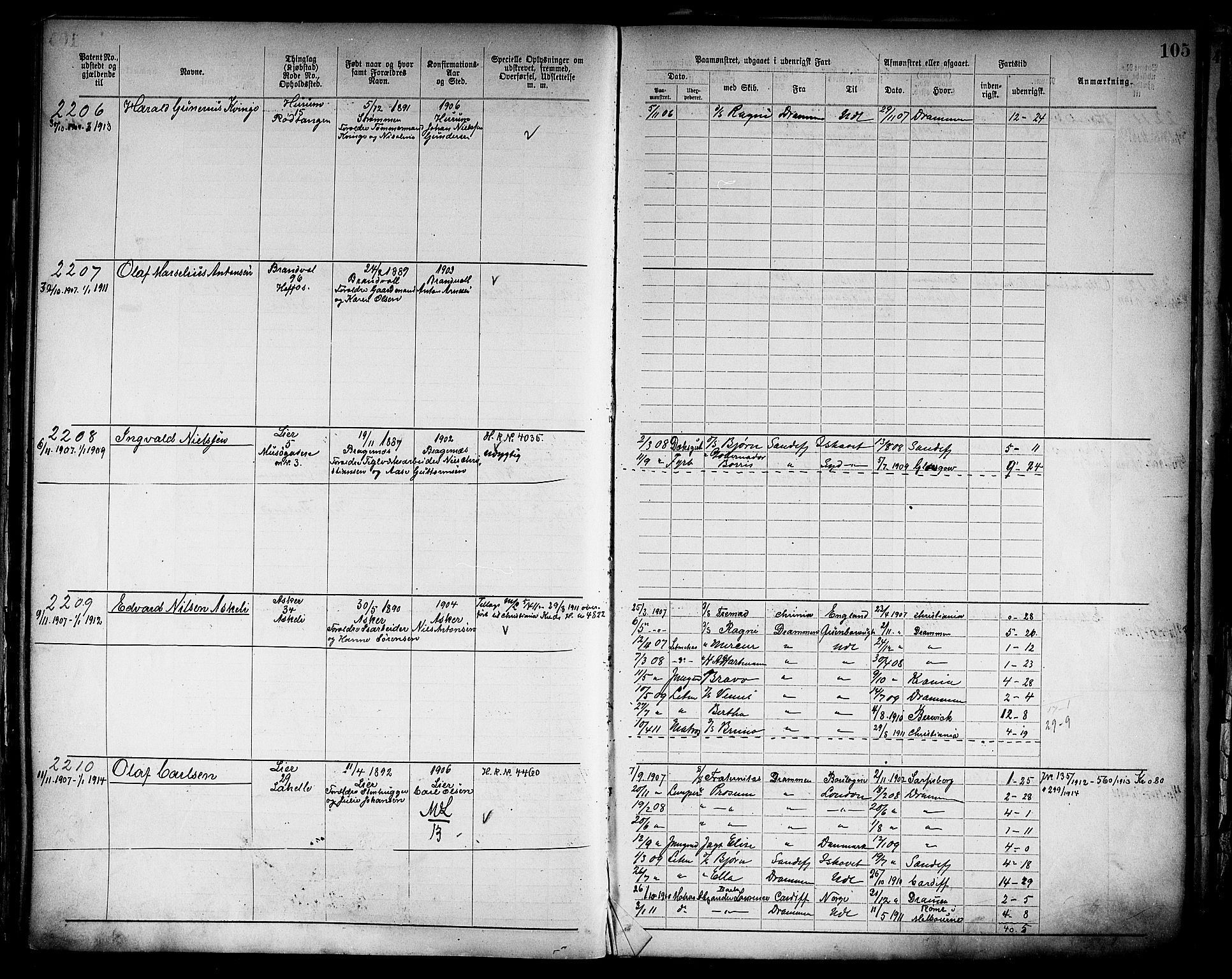 Drammen innrulleringsdistrikt, AV/SAKO-A-781/F/Fb/L0006: Annotasjonsrulle, 1905-1911, s. 107