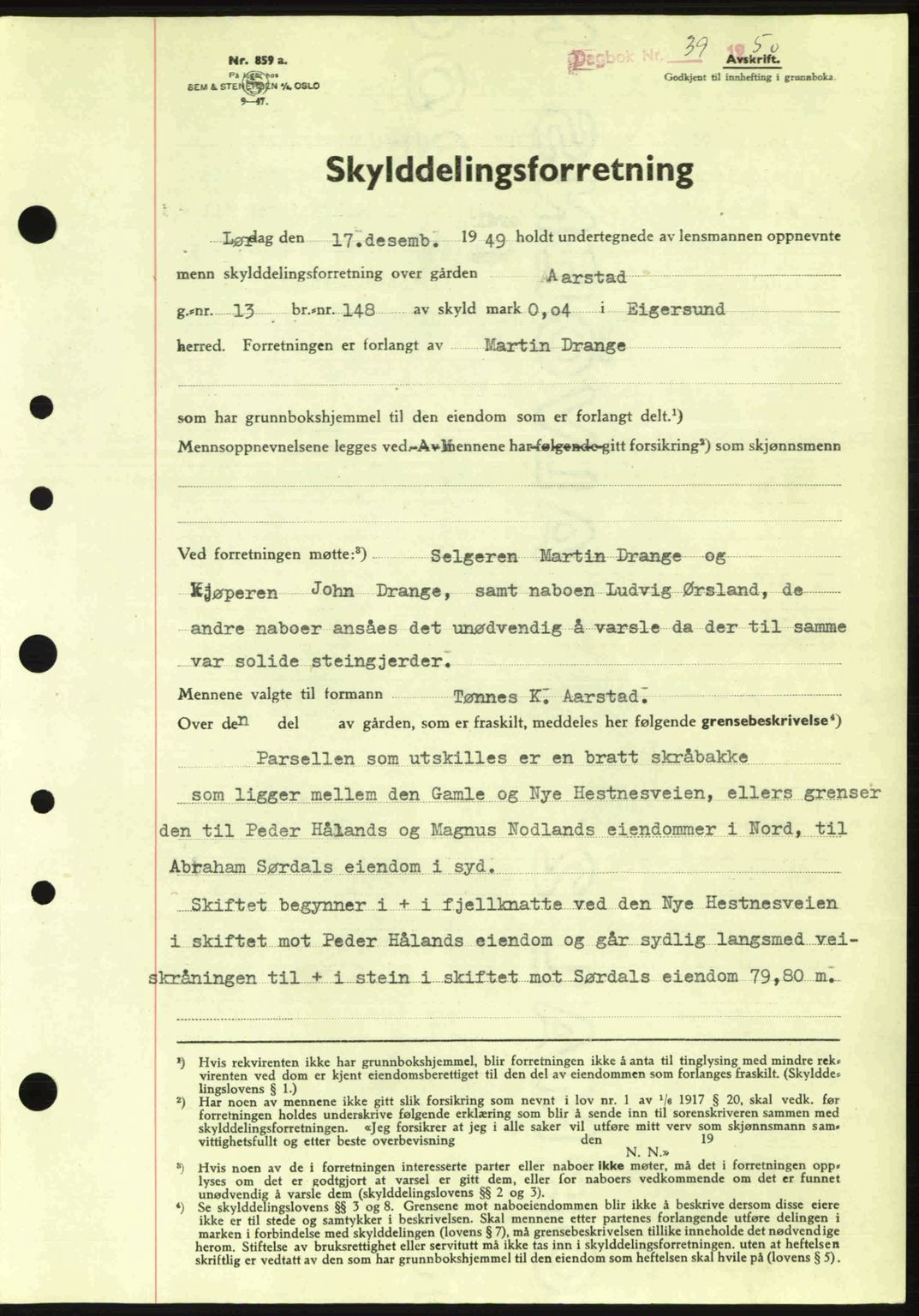 Dalane sorenskriveri, SAST/A-100309/02/G/Gb/L0054: Pantebok nr. A14, 1949-1950, Dagboknr: 39/1950