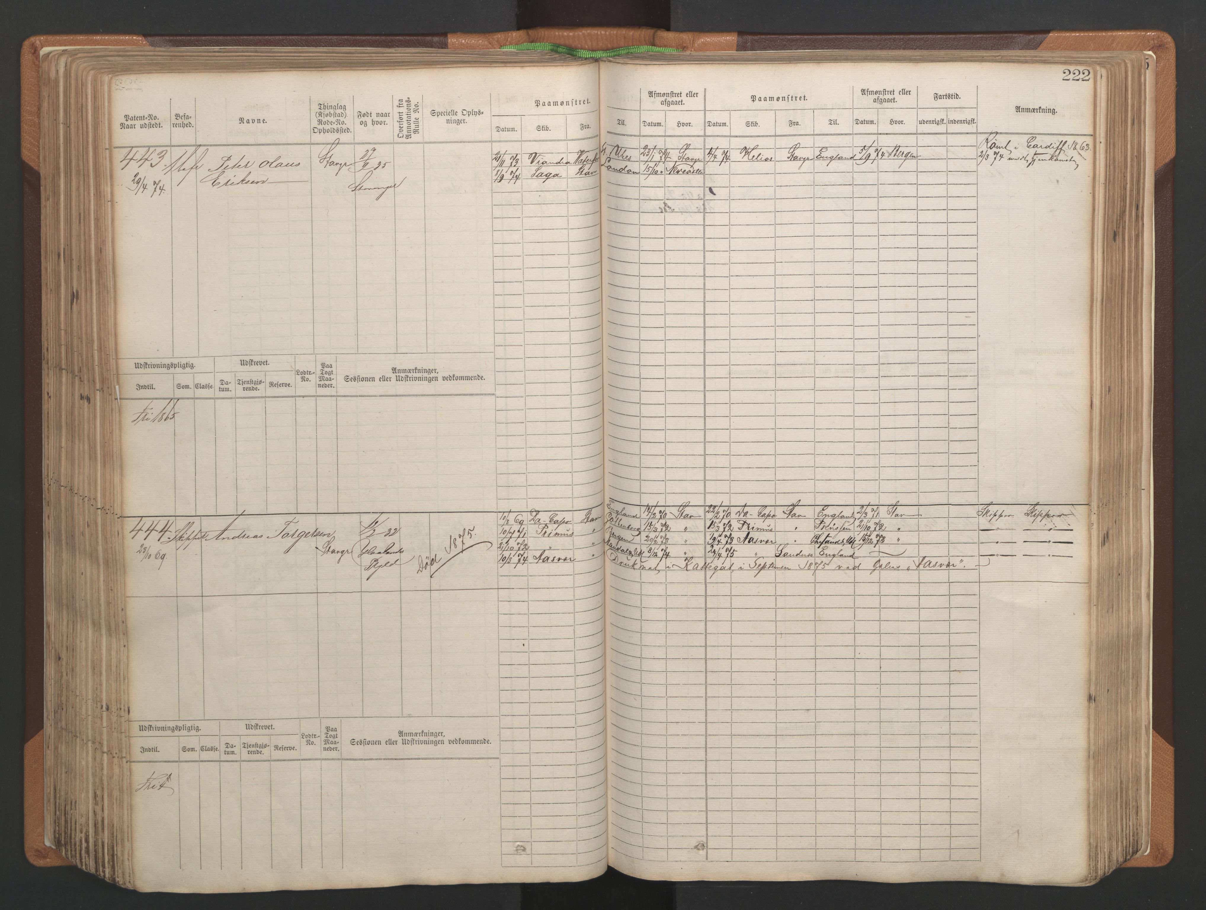 Stavanger sjømannskontor, AV/SAST-A-102006/F/Fb/Fbb/L0004: Sjøfartshovedrulle, patentnr. 1-792 (del 1), 1869-1880, s. 228