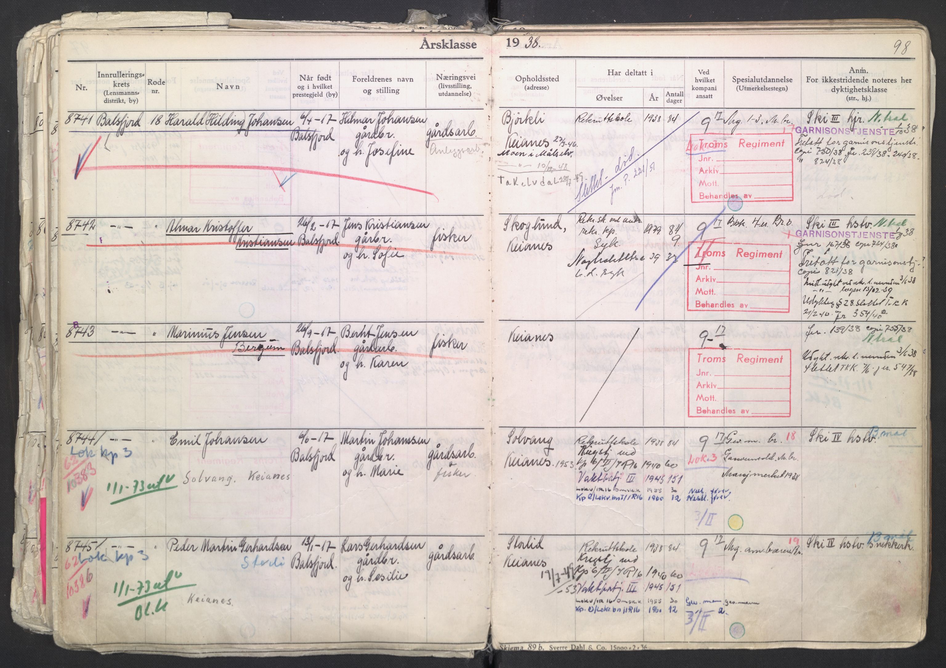 Forsvaret, Troms infanteriregiment nr. 16, AV/RA-RAFA-3146/P/Pa/L0007/0003: Ruller / Rulle for regimentets menige mannskaper, årsklasse 1938, 1938, s. 98