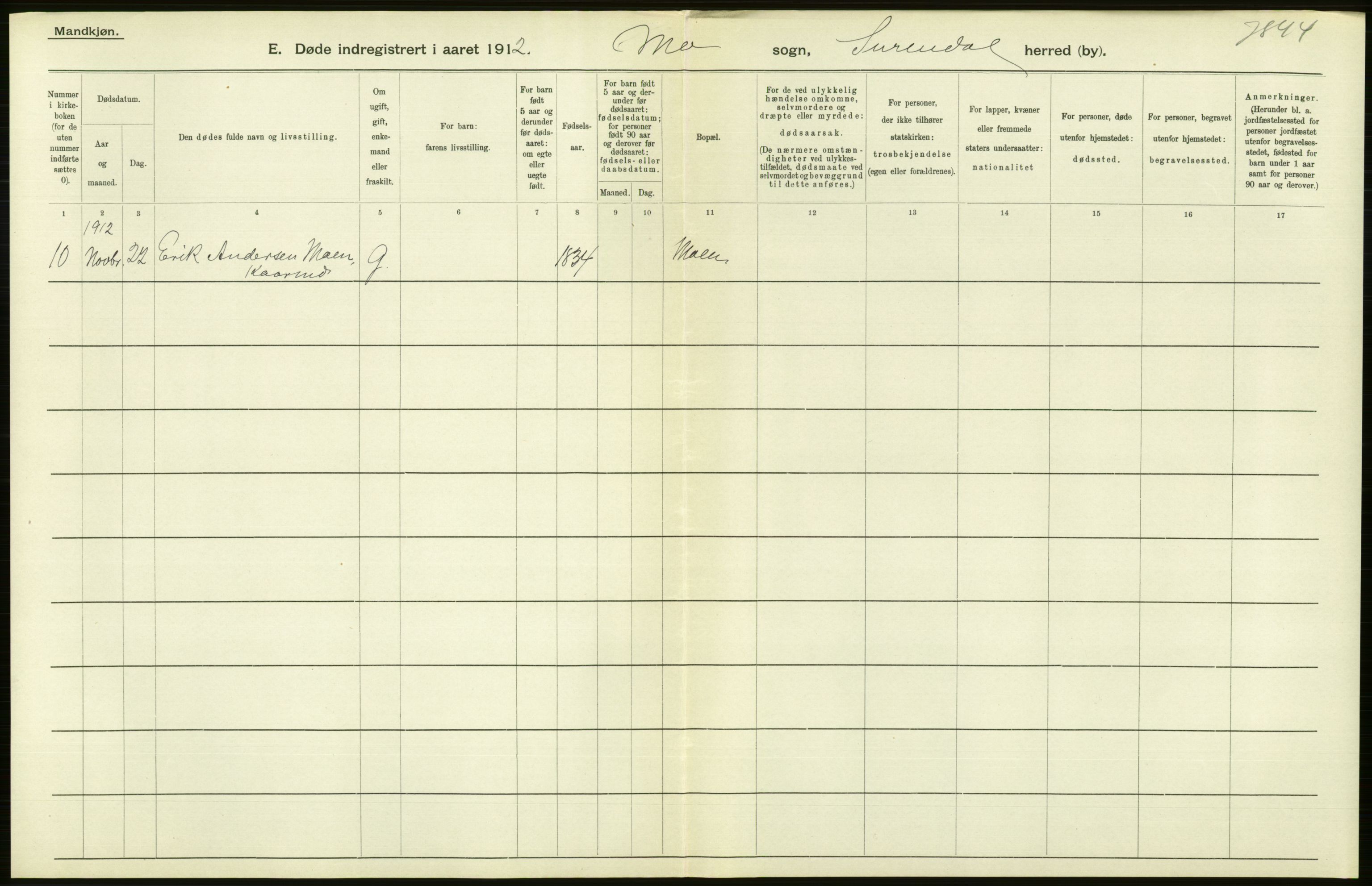 Statistisk sentralbyrå, Sosiodemografiske emner, Befolkning, AV/RA-S-2228/D/Df/Dfb/Dfbb/L0039: Romsdals amt: Døde, dødfødte. Bygder og byer., 1912, s. 298