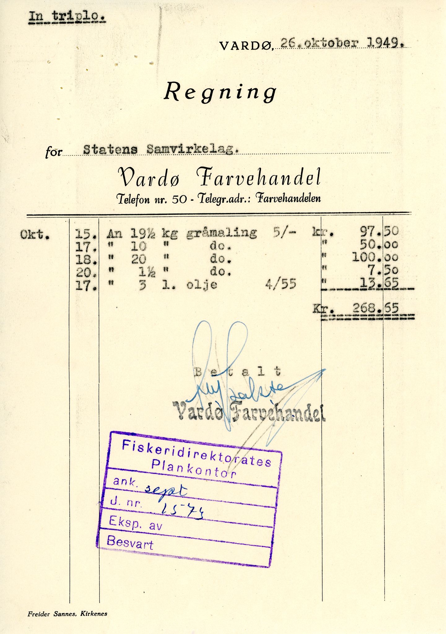 Vardø Fiskersamvirkelag, VAMU/A-0037/D/Da/L0002: Korrespondanse Er-Fi, 1946-1951