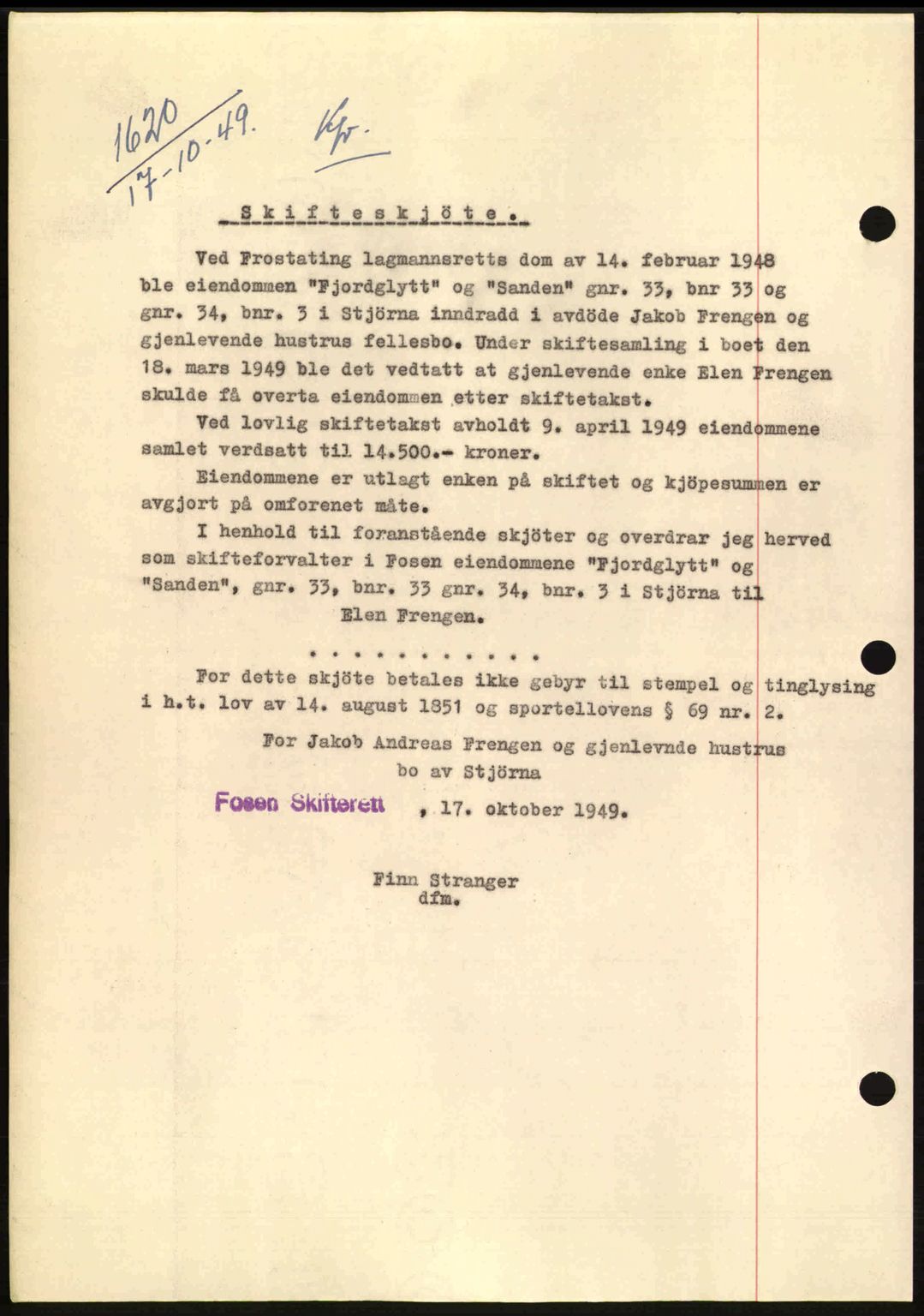 Fosen sorenskriveri, AV/SAT-A-1107/1/2/2C: Pantebok nr. A10, 1949-1950, Dagboknr: 1620/1949