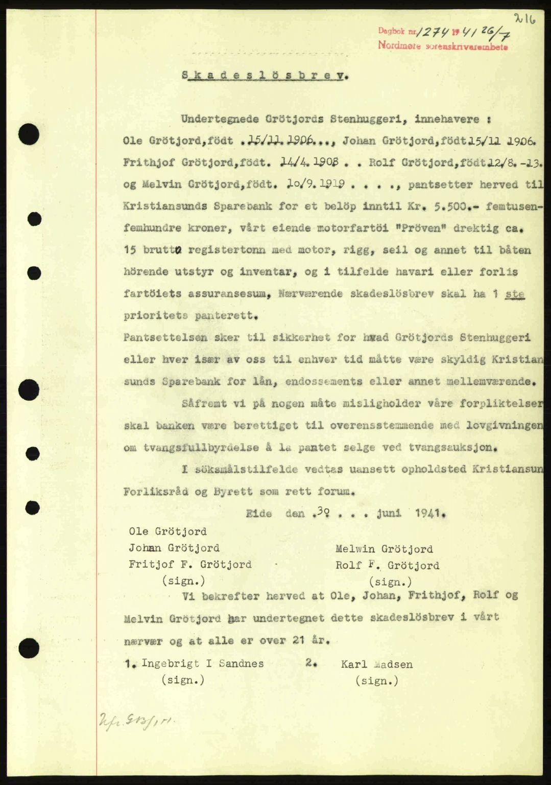 Nordmøre sorenskriveri, SAT/A-4132/1/2/2Ca: Pantebok nr. B88, 1941-1942, Dagboknr: 1274/1941