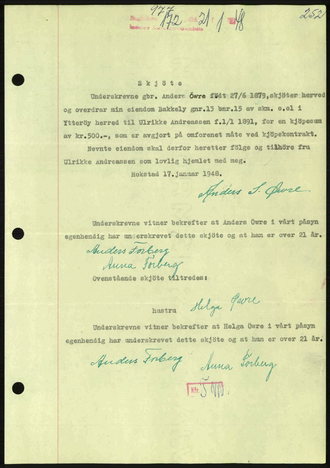Inderøy sorenskriveri, SAT/A-4147/1/2/2C: Pantebok nr. Y1, 1936-1950, Dagboknr: 172/1948