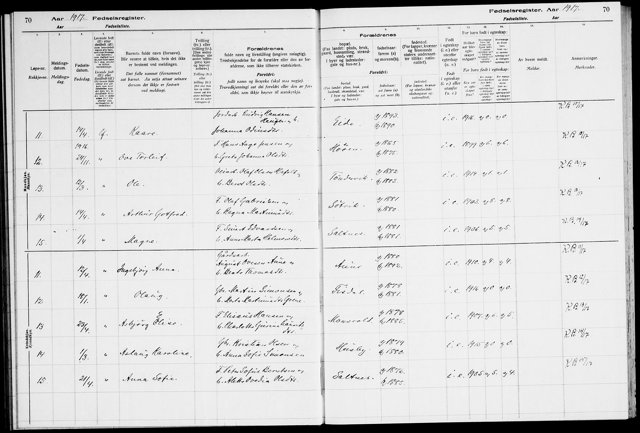 Ministerialprotokoller, klokkerbøker og fødselsregistre - Sør-Trøndelag, AV/SAT-A-1456/651/L0650: Fødselsregister nr. 651.II.4.1, 1916-1923, s. 70