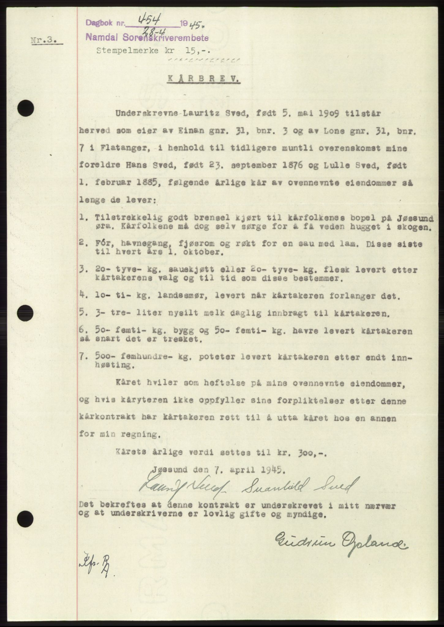 Namdal sorenskriveri, SAT/A-4133/1/2/2C: Pantebok nr. -, 1944-1945, Dagboknr: 454/1945