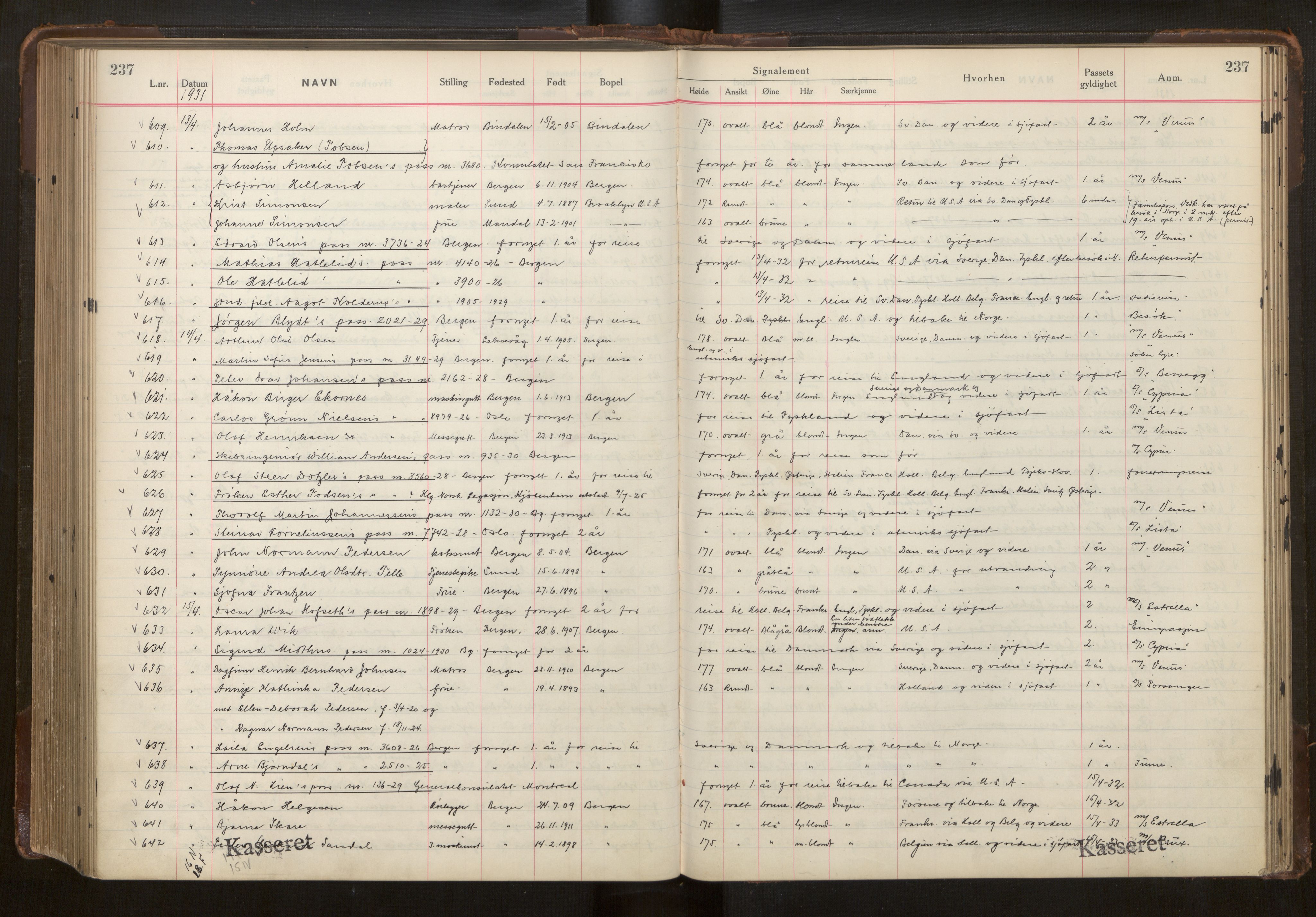 Bergen politikammer / politidistrikt, AV/SAB-A-60401/L/La/Lab/L0012: Passprotokoll, 1928-1931