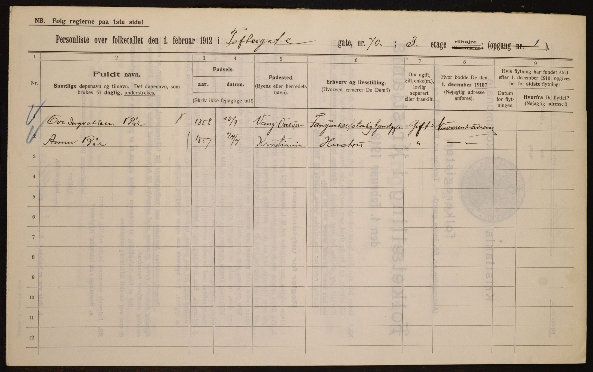 OBA, Kommunal folketelling 1.2.1912 for Kristiania, 1912, s. 113070