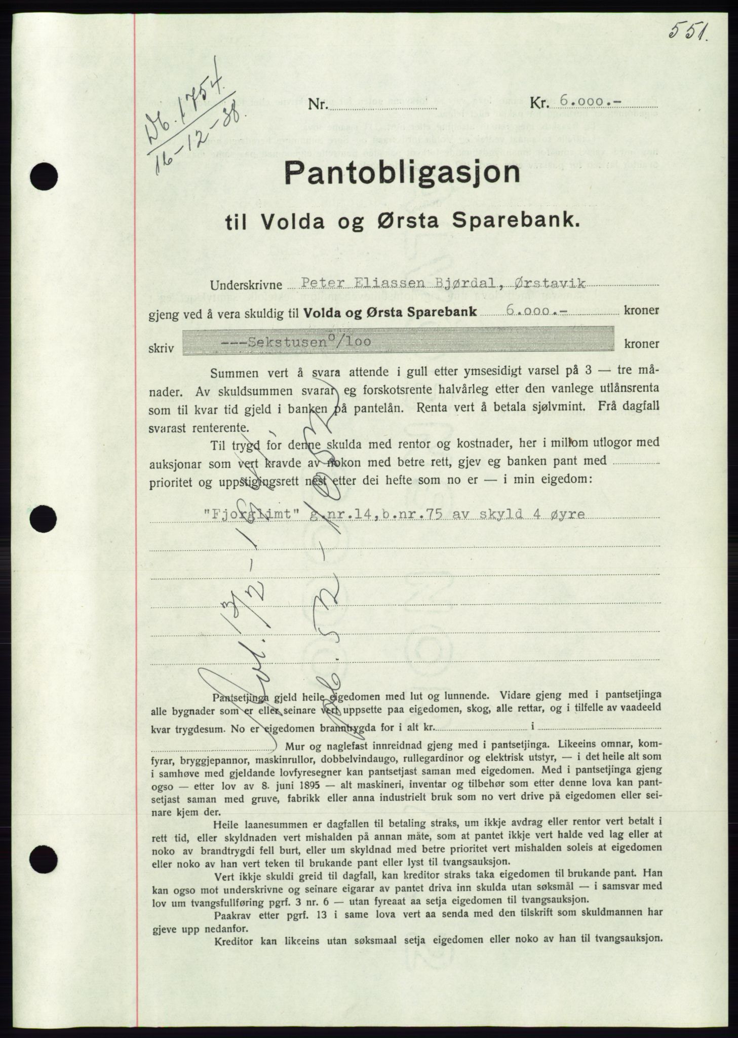 Søre Sunnmøre sorenskriveri, AV/SAT-A-4122/1/2/2C/L0066: Pantebok nr. 60, 1938-1938, Dagboknr: 1754/1938