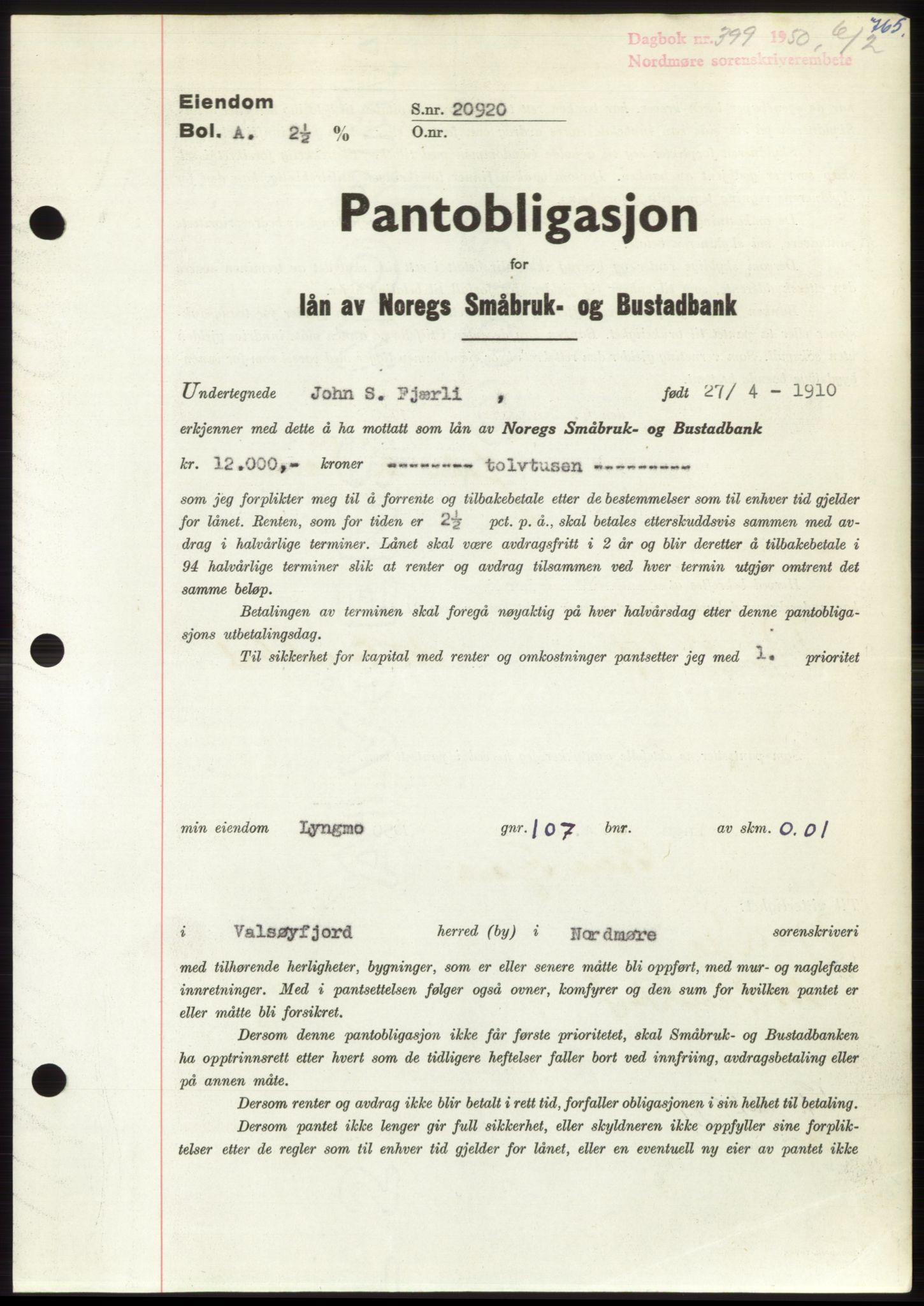 Nordmøre sorenskriveri, SAT/A-4132/1/2/2Ca: Pantebok nr. B103, 1949-1950, Dagboknr: 399/1950