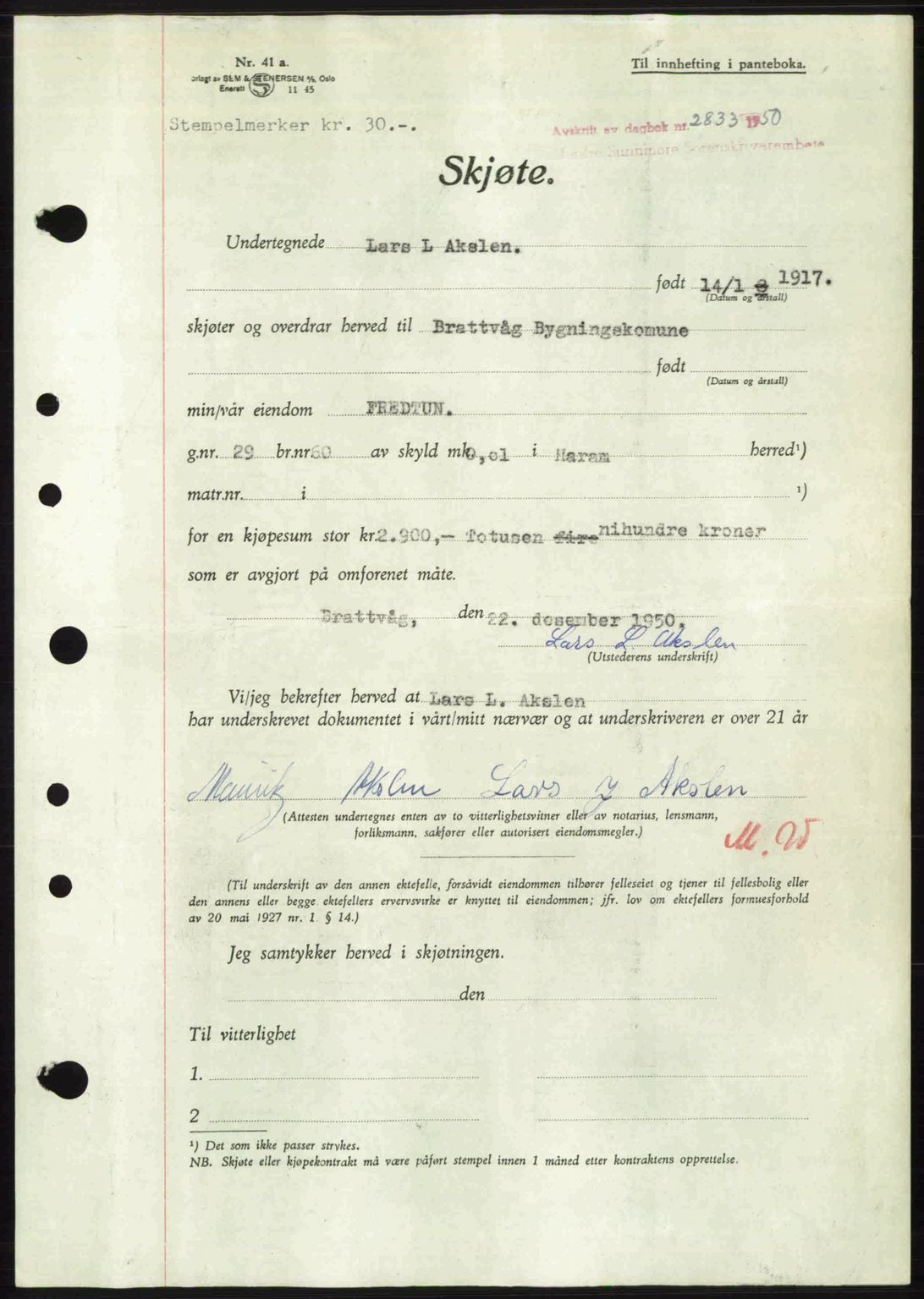 Nordre Sunnmøre sorenskriveri, AV/SAT-A-0006/1/2/2C/2Ca: Pantebok nr. A36, 1950-1950, Dagboknr: 2833/1950