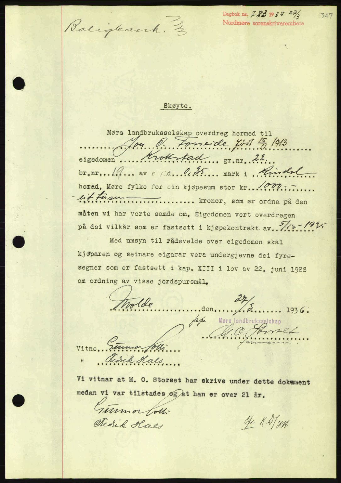 Nordmøre sorenskriveri, SAT/A-4132/1/2/2Ca: Pantebok nr. A81, 1937-1937, Dagboknr: 783/1937