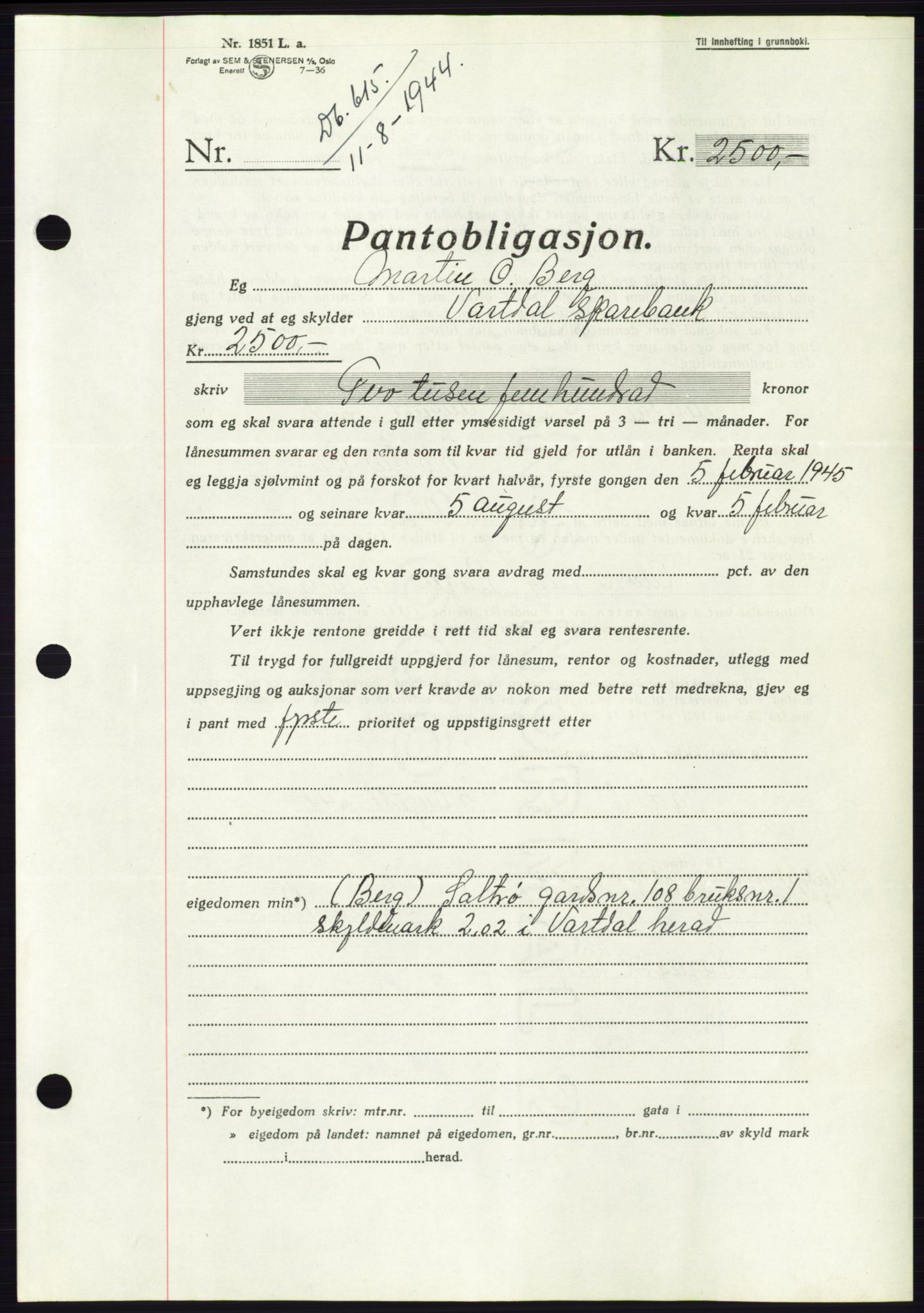 Søre Sunnmøre sorenskriveri, AV/SAT-A-4122/1/2/2C/L0114: Pantebok nr. 1-2B, 1943-1947, Dagboknr: 615/1944