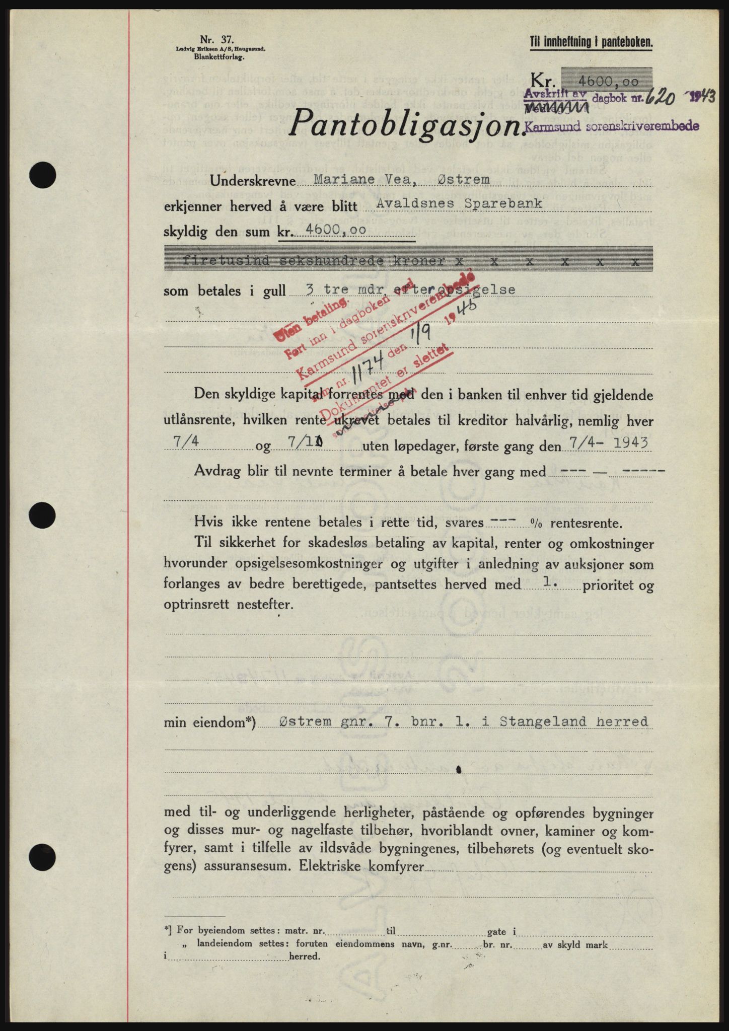Karmsund sorenskriveri, SAST/A-100311/01/II/IIBBE/L0008: Pantebok nr. B 54, 1942-1943, Dagboknr: 620/1943