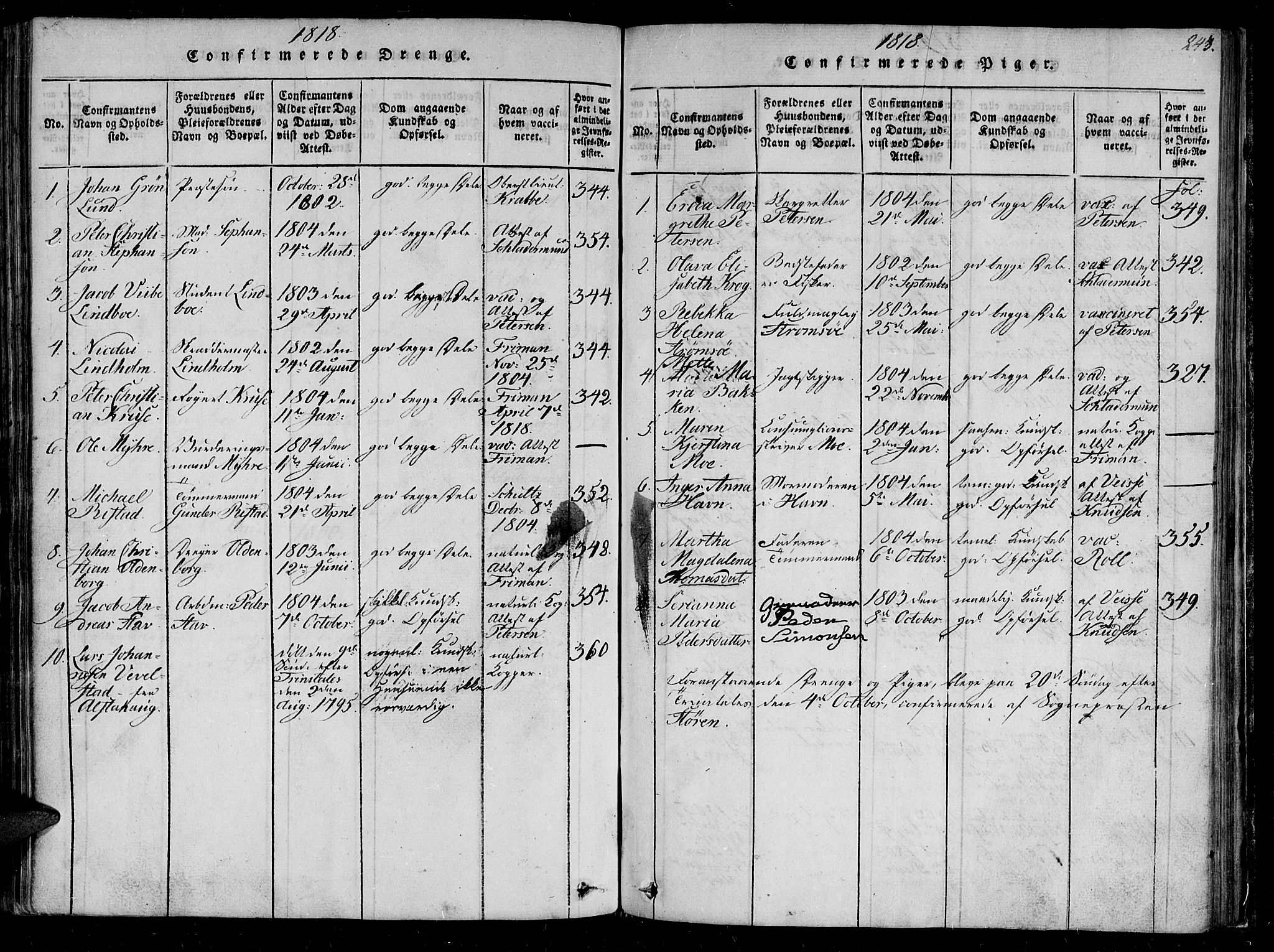 Ministerialprotokoller, klokkerbøker og fødselsregistre - Sør-Trøndelag, SAT/A-1456/602/L0107: Ministerialbok nr. 602A05, 1815-1821, s. 243