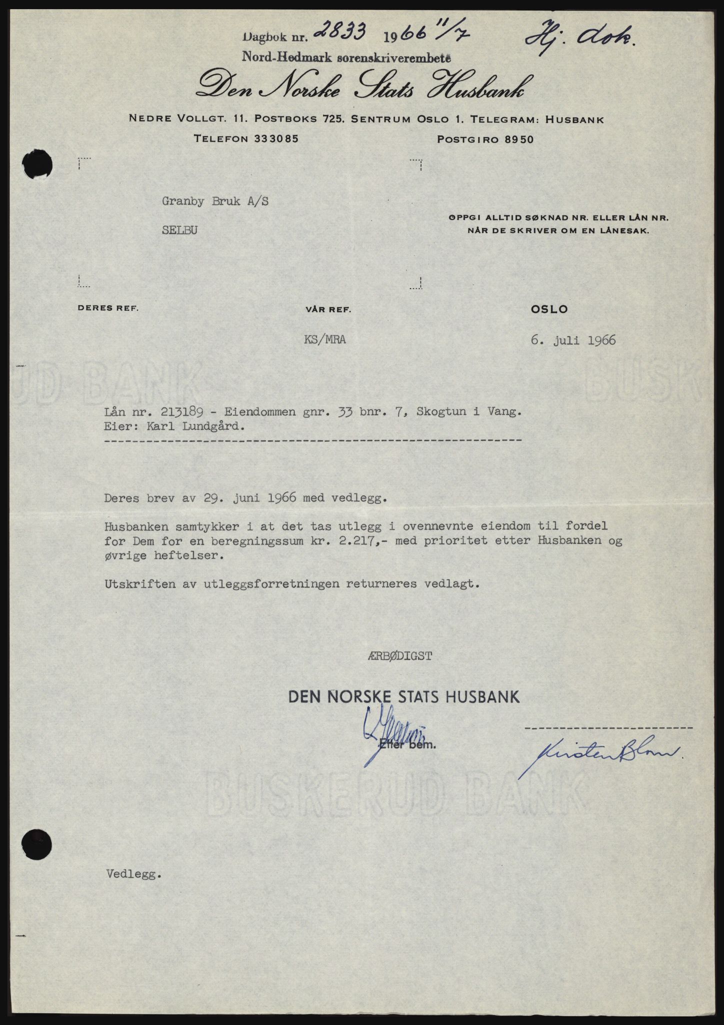 Nord-Hedmark sorenskriveri, SAH/TING-012/H/Hc/L0024: Pantebok nr. 24, 1966-1966, Dagboknr: 2833/1966