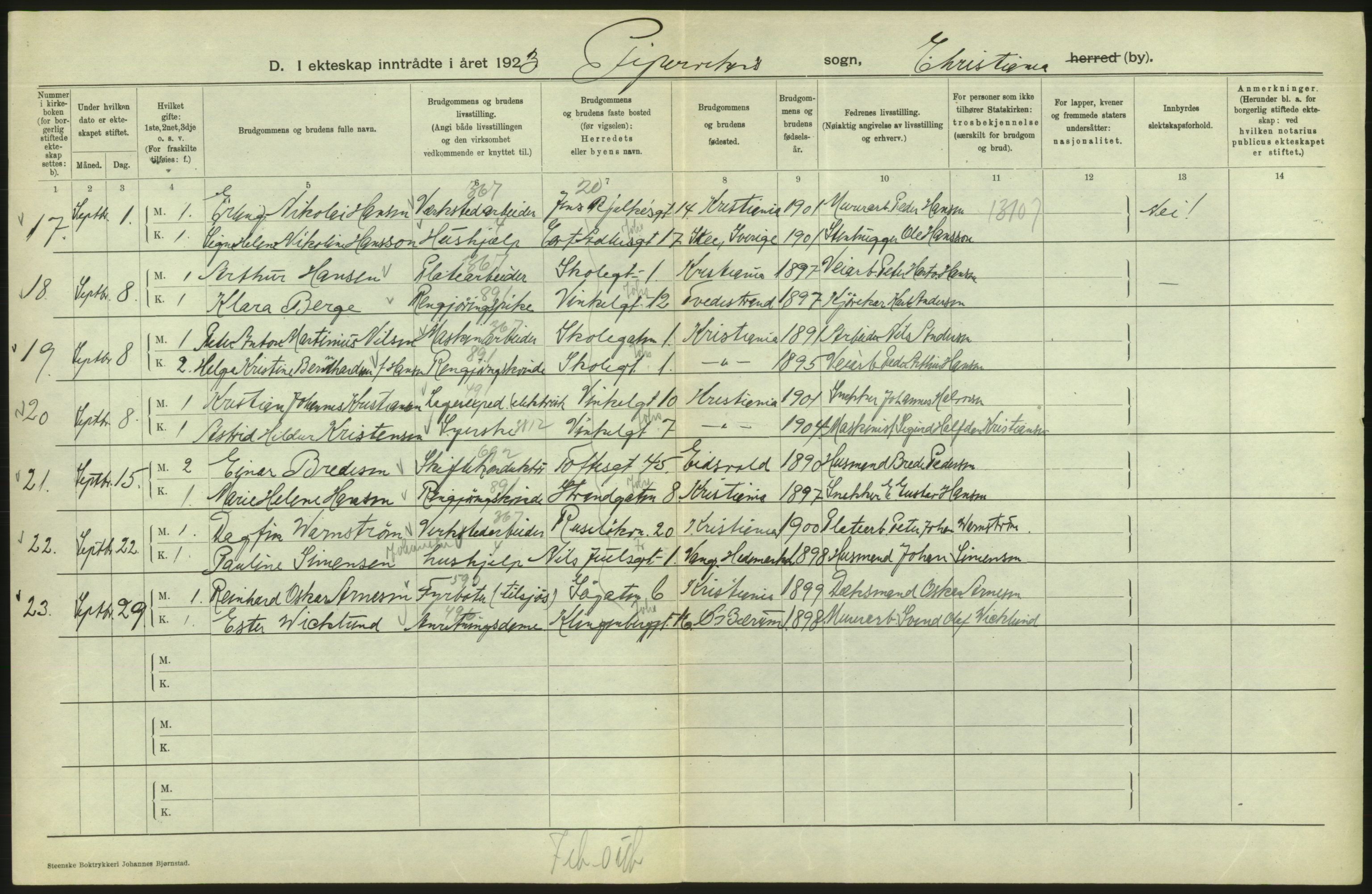 Statistisk sentralbyrå, Sosiodemografiske emner, Befolkning, AV/RA-S-2228/D/Df/Dfc/Dfcc/L0008: Kristiania: Gifte, 1923, s. 484